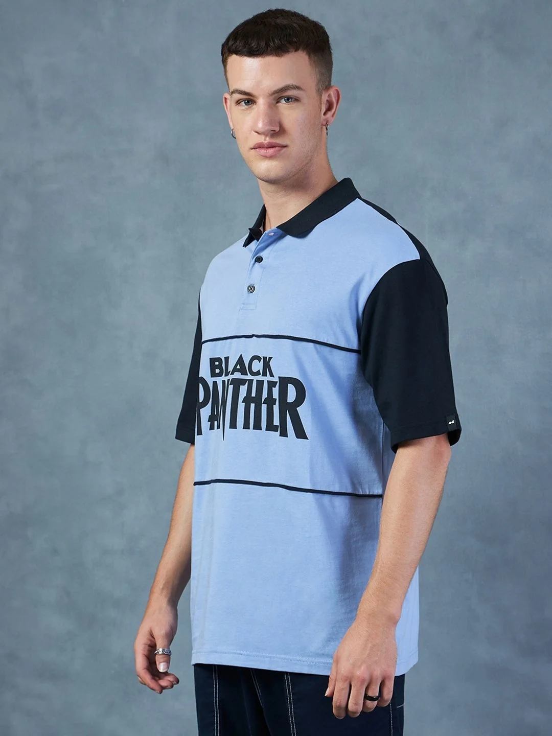 Bewakoof Black Panther Marvel Printed Polo Collar Oversized Cotton T-shirt - Image 5