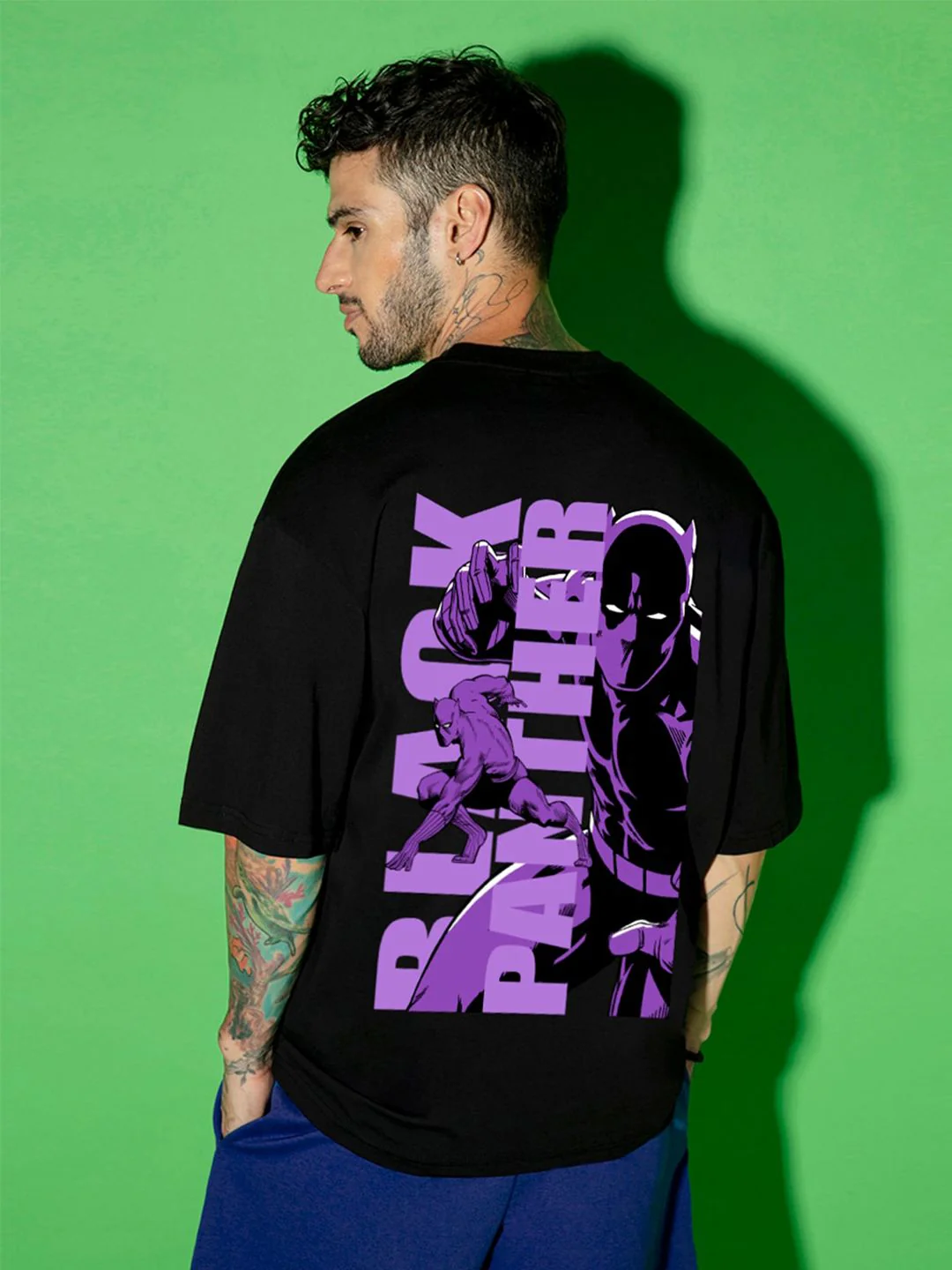 Bewakoof Black Panther Printed Drop-Shoulder Sleeves Oversized Cotton T-shirt - Image 4