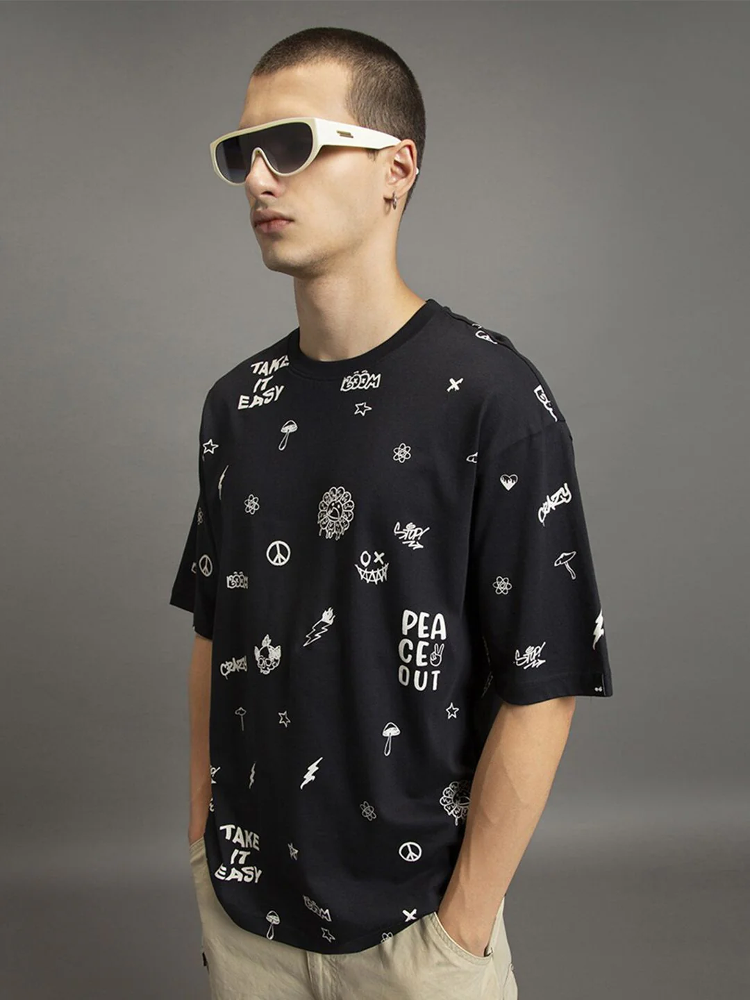 Bewakoof Conversational Printed Drop-Shoulder Sleeves Pure Cotton Oversized T-shirt - Image 3