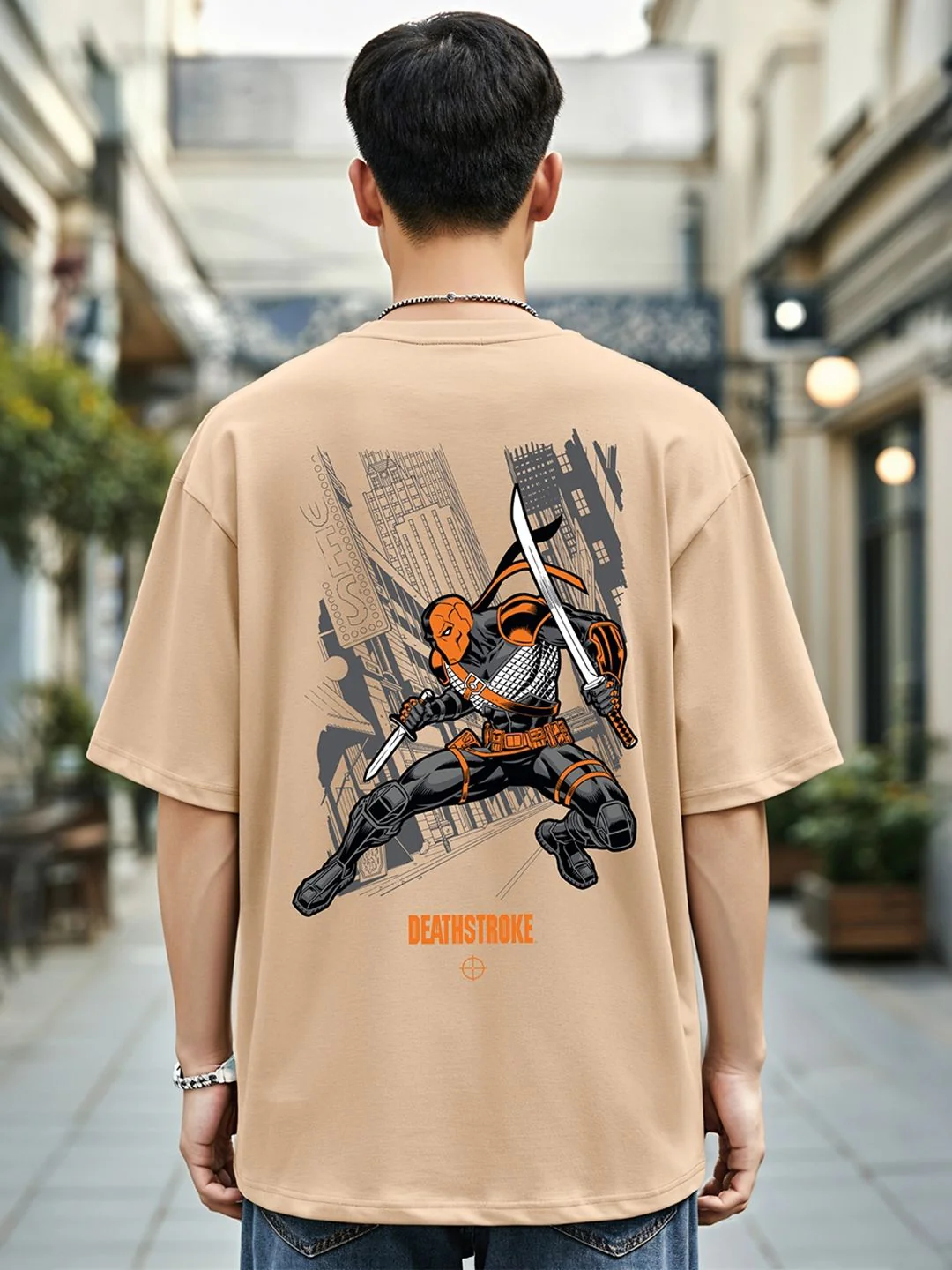 Bewakoof Deathstroke Printed Drop-Shoulder Sleeves Oversized Cotton T-shirt