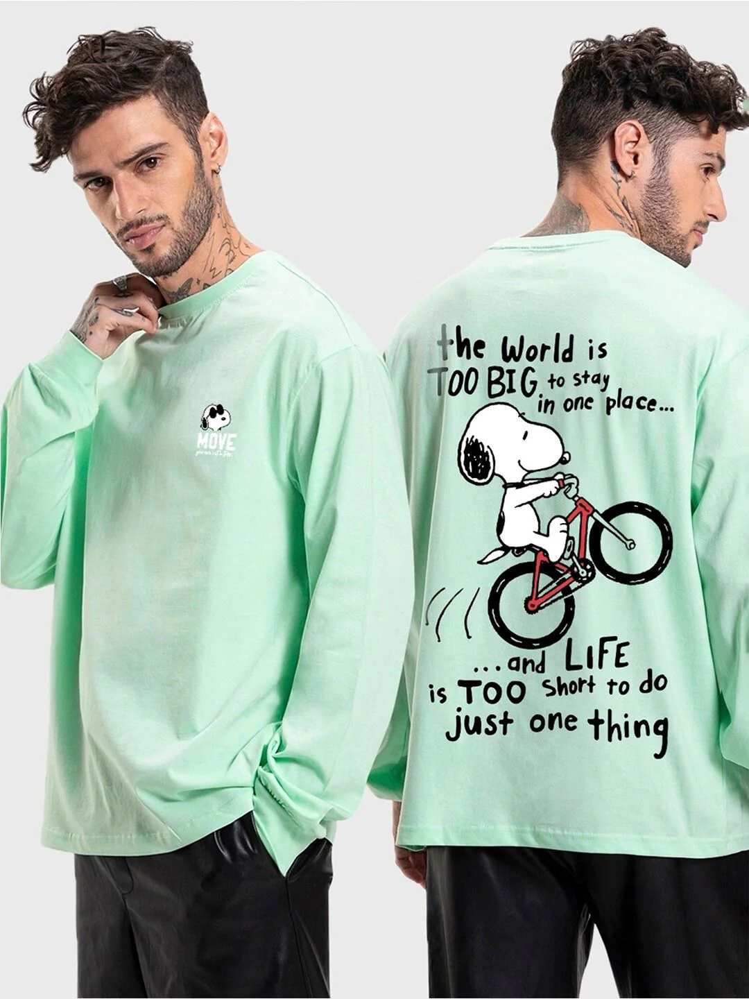 Bewakoof Green Graphic Printed Long Sleeves Pure Cotton Oversized T-Shirt - Image 4