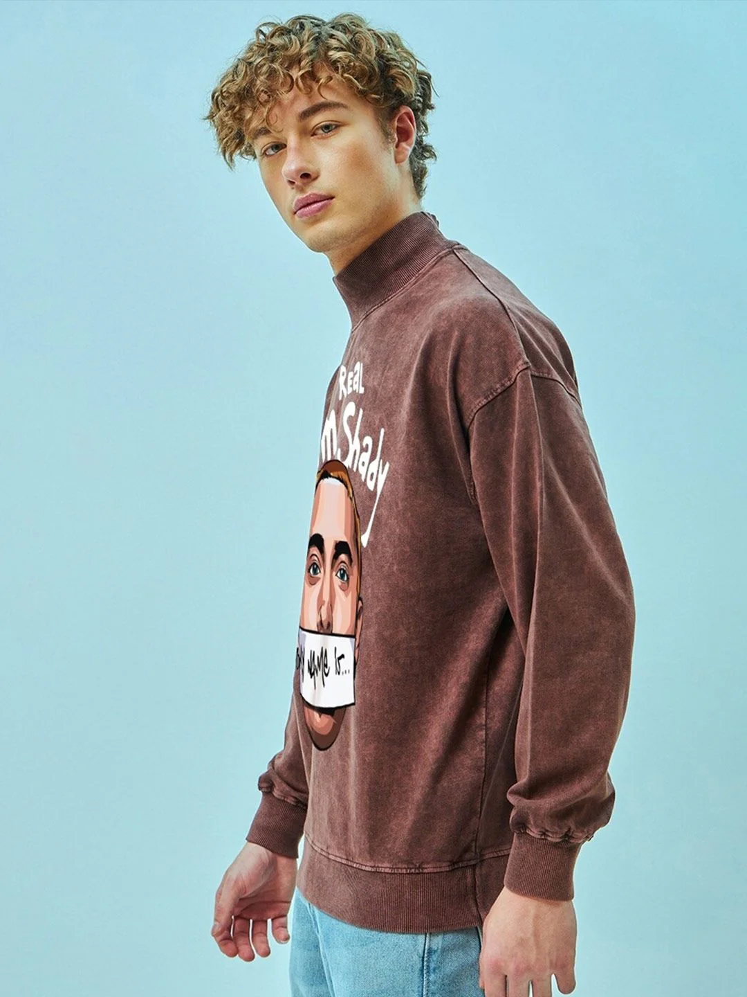 Bewakoof Maroon Real Slim Shady Printed Mock Collar Oversized Pullover Sweatshirt - Image 3
