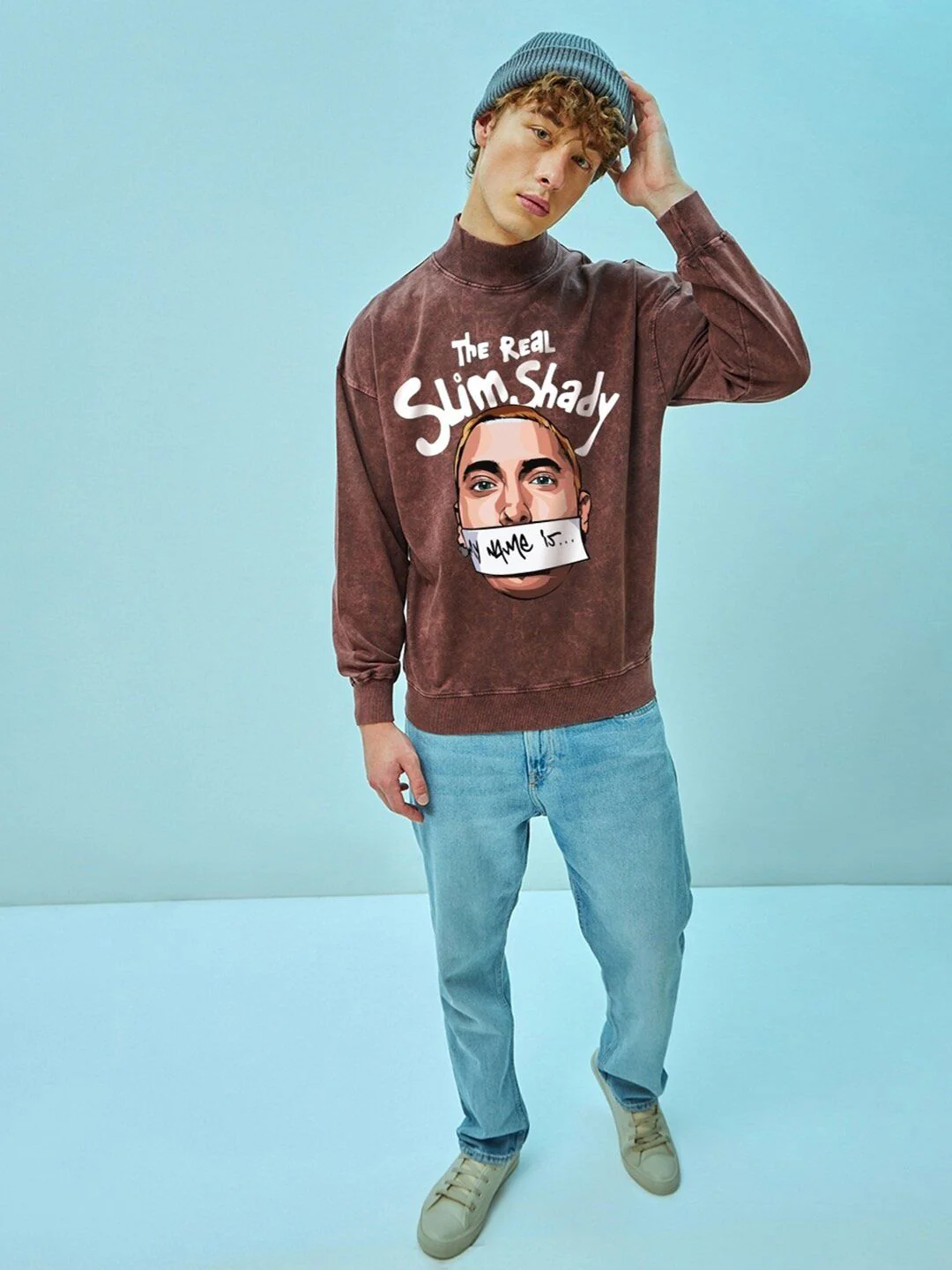 Bewakoof Maroon Real Slim Shady Printed Mock Collar Oversized Pullover Sweatshirt - Image 4
