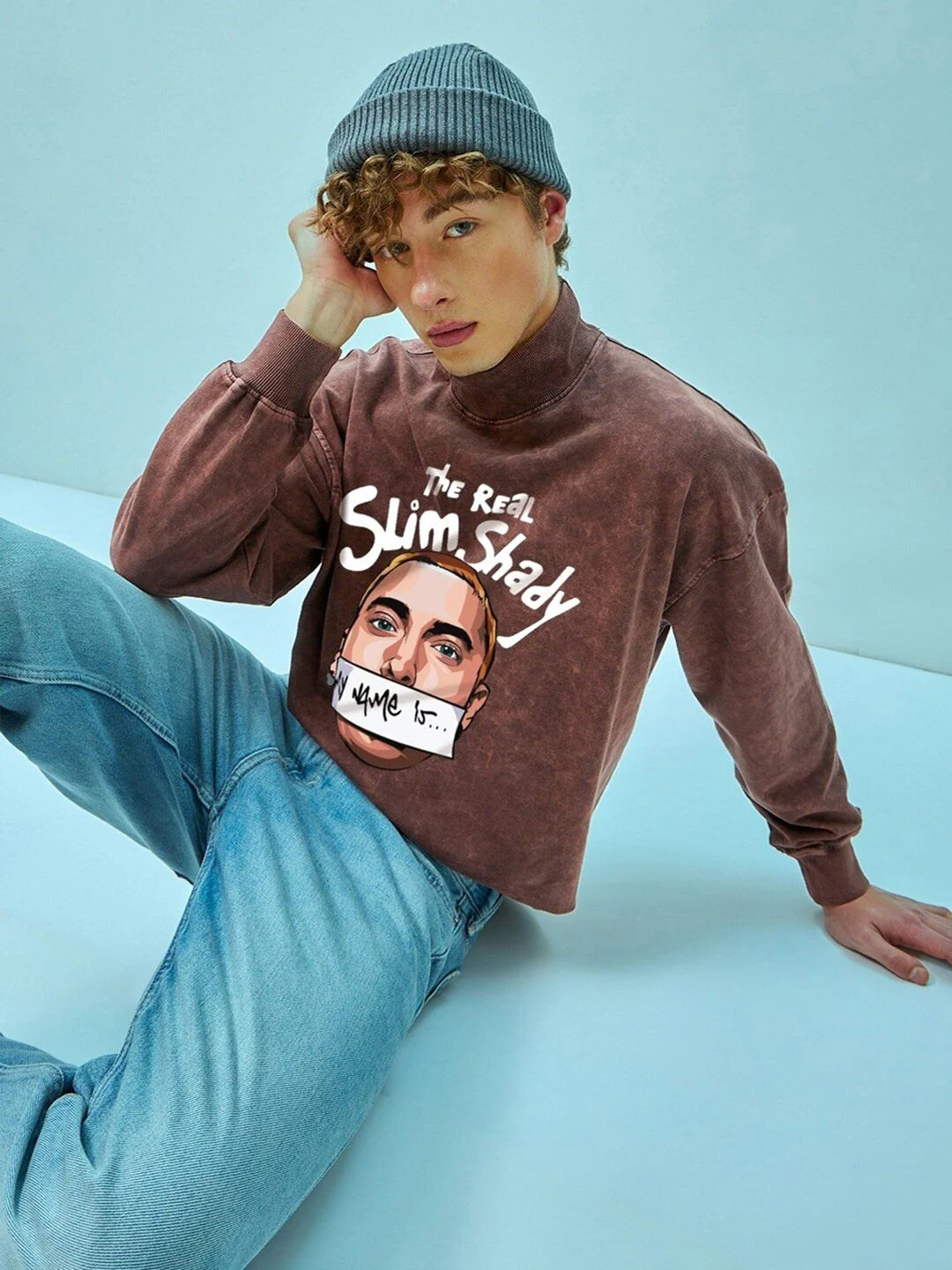 Bewakoof Maroon Real Slim Shady Printed Mock Collar Oversized Pullover Sweatshirt - Image 6