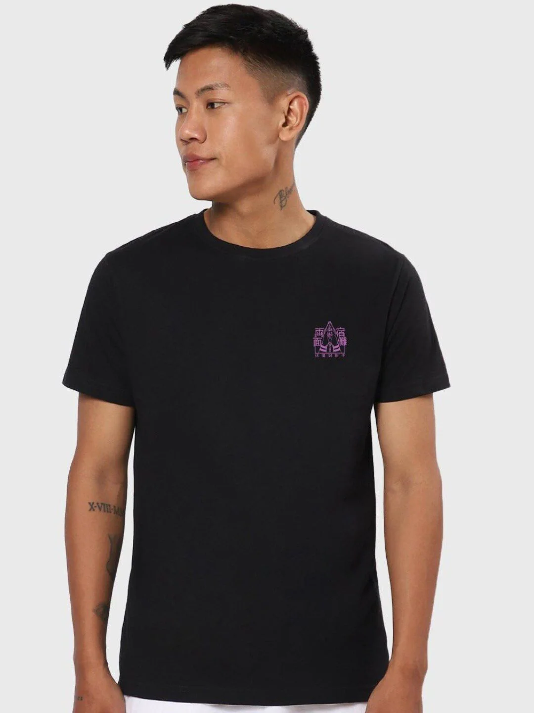 Bewakoof Men Black & Purple Printed Pure Cotton T-shirt - Image 4