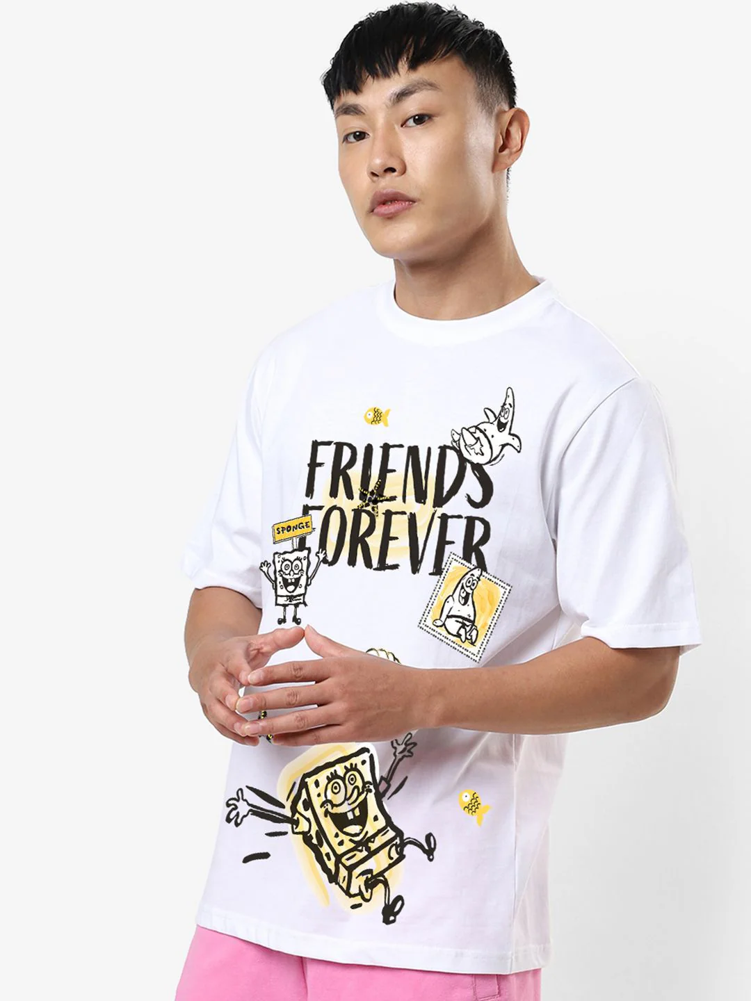Bewakoof Men Graphic Printed Round Neck Pure Cotton Oversized Spongebob T-shirt - Image 5