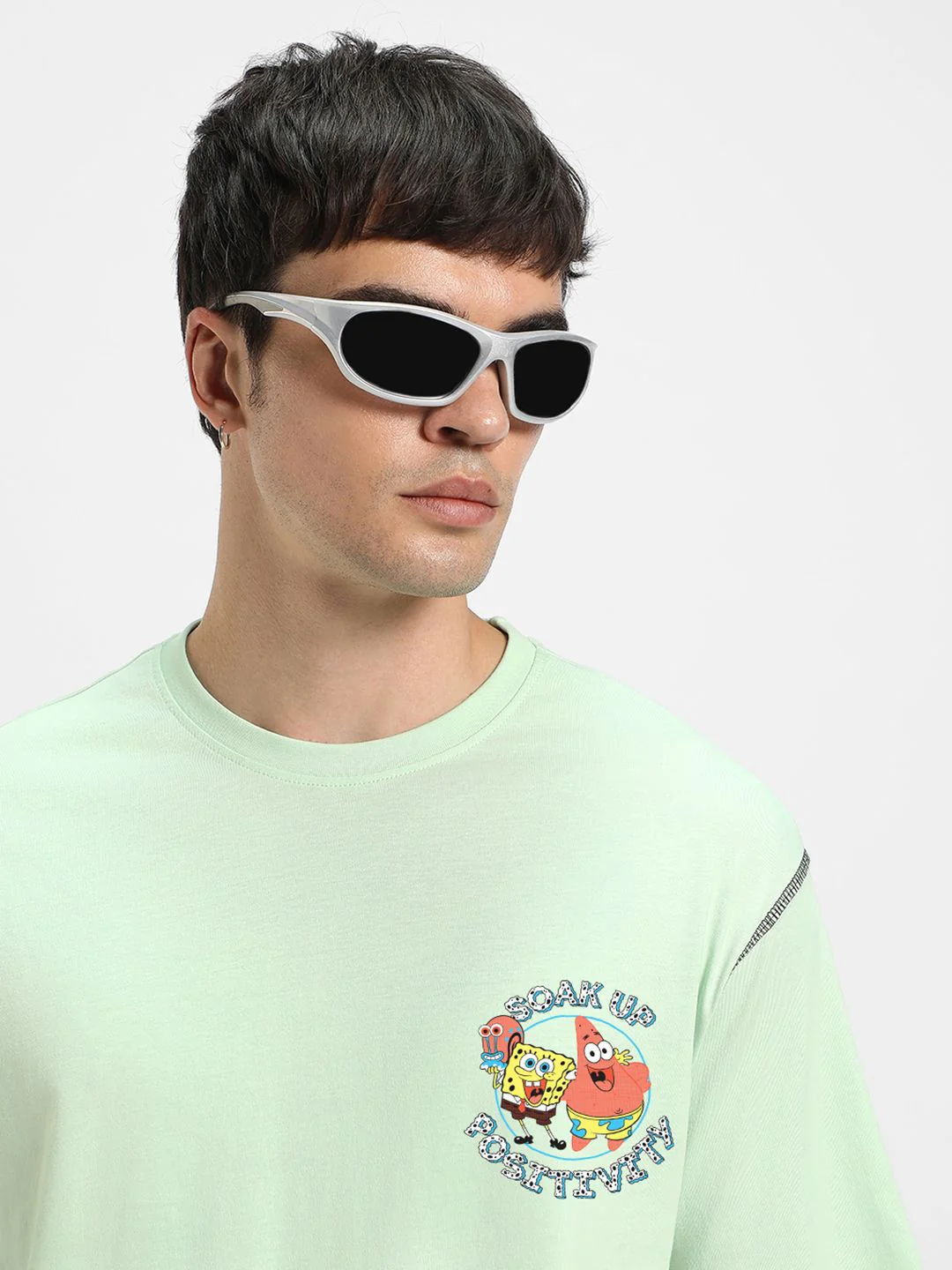 Bewakoof Men Graphic Printed Round Neck Pure Cotton Oversized Spongebob T-shirt - Image 2