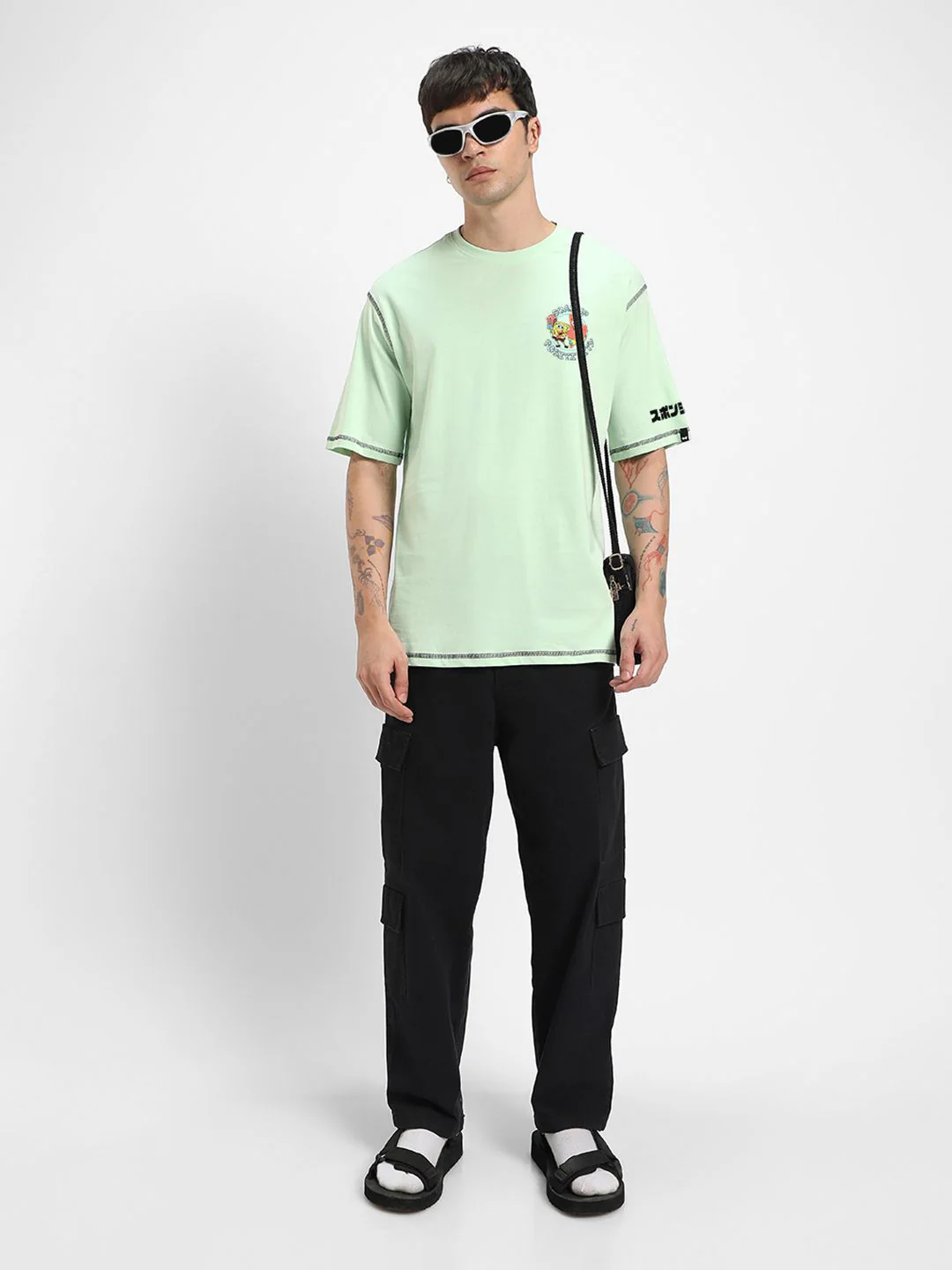 Bewakoof Men Graphic Printed Round Neck Pure Cotton Oversized Spongebob T-shirt - Image 4