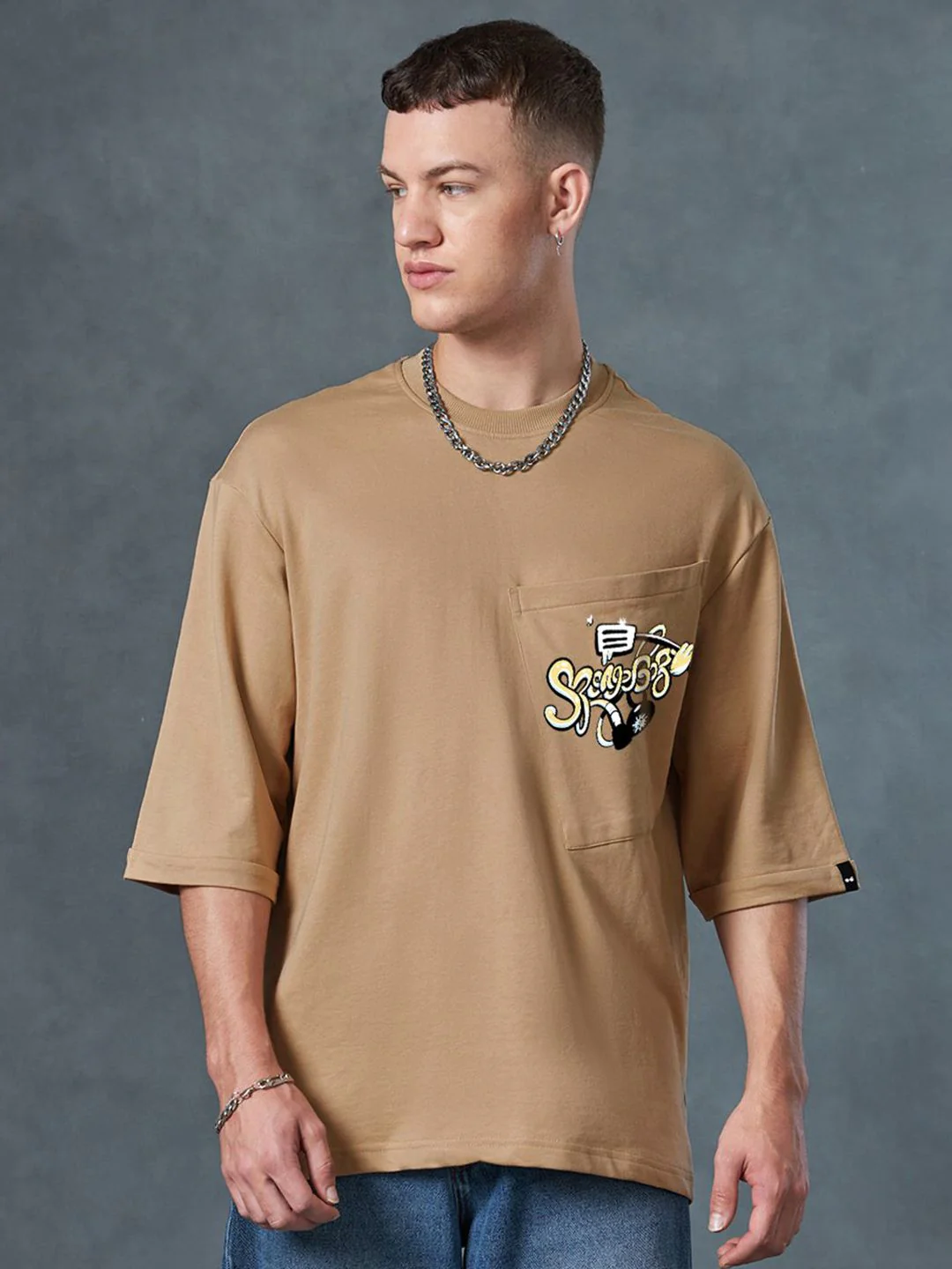 Bewakoof Men Graphic Spongebob Printed Round Neck Pure Cotton Oversized T-shirt - Image 3
