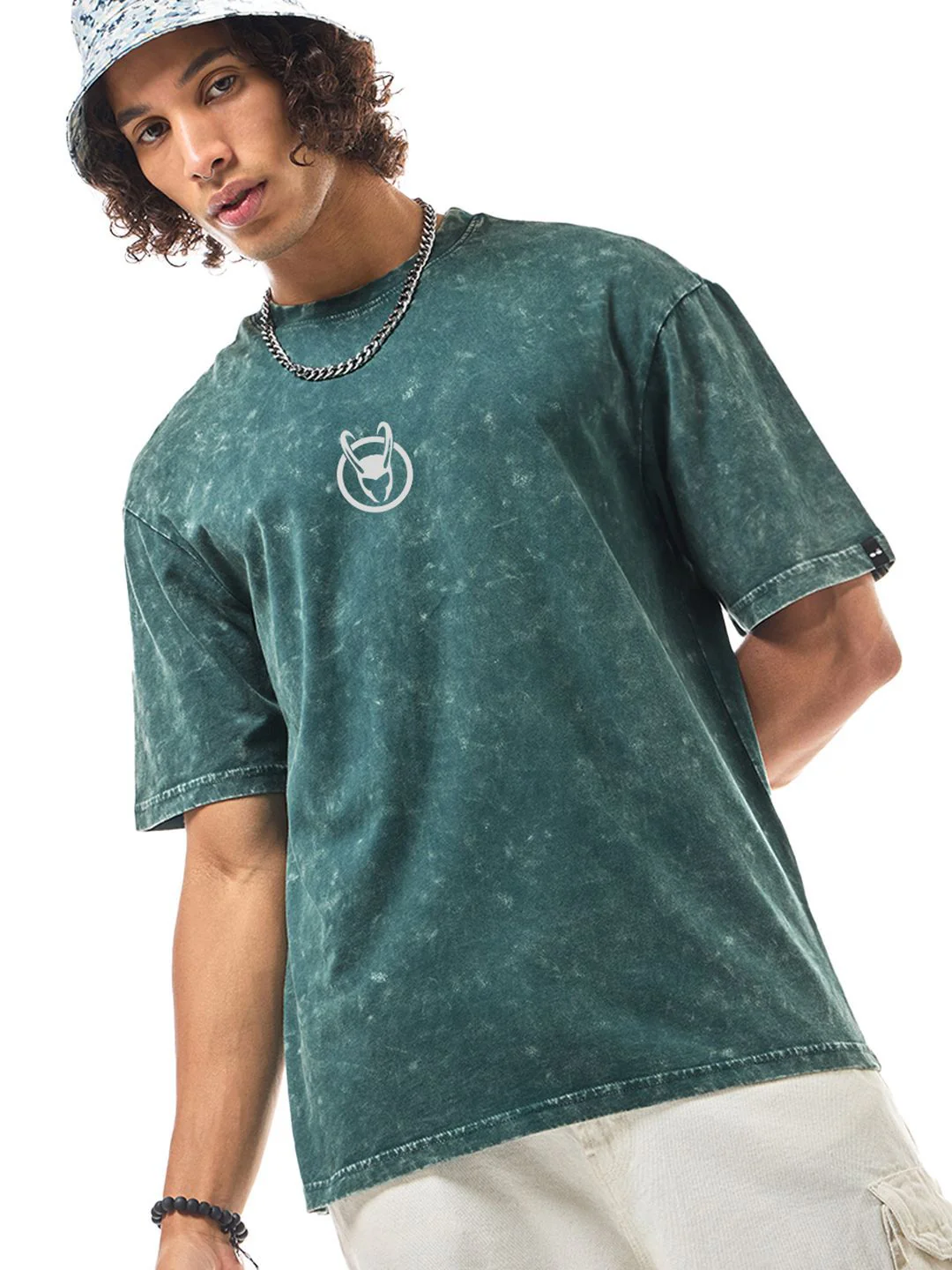 Bewakoof Men LOKI Typography Printed Round Neck Cotton Oversized Acid Wash T-shirt - Image 3