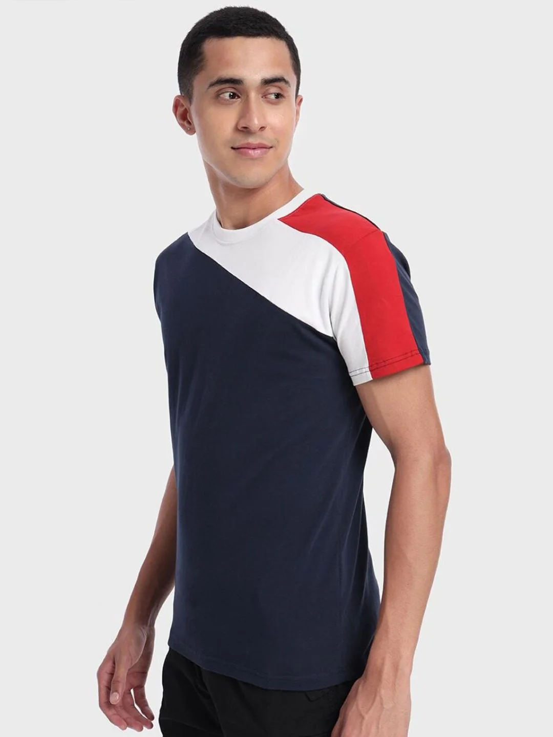 Bewakoof Men Navy Blue & White Colourblocked Pure Cotton T-shirt - Image 3