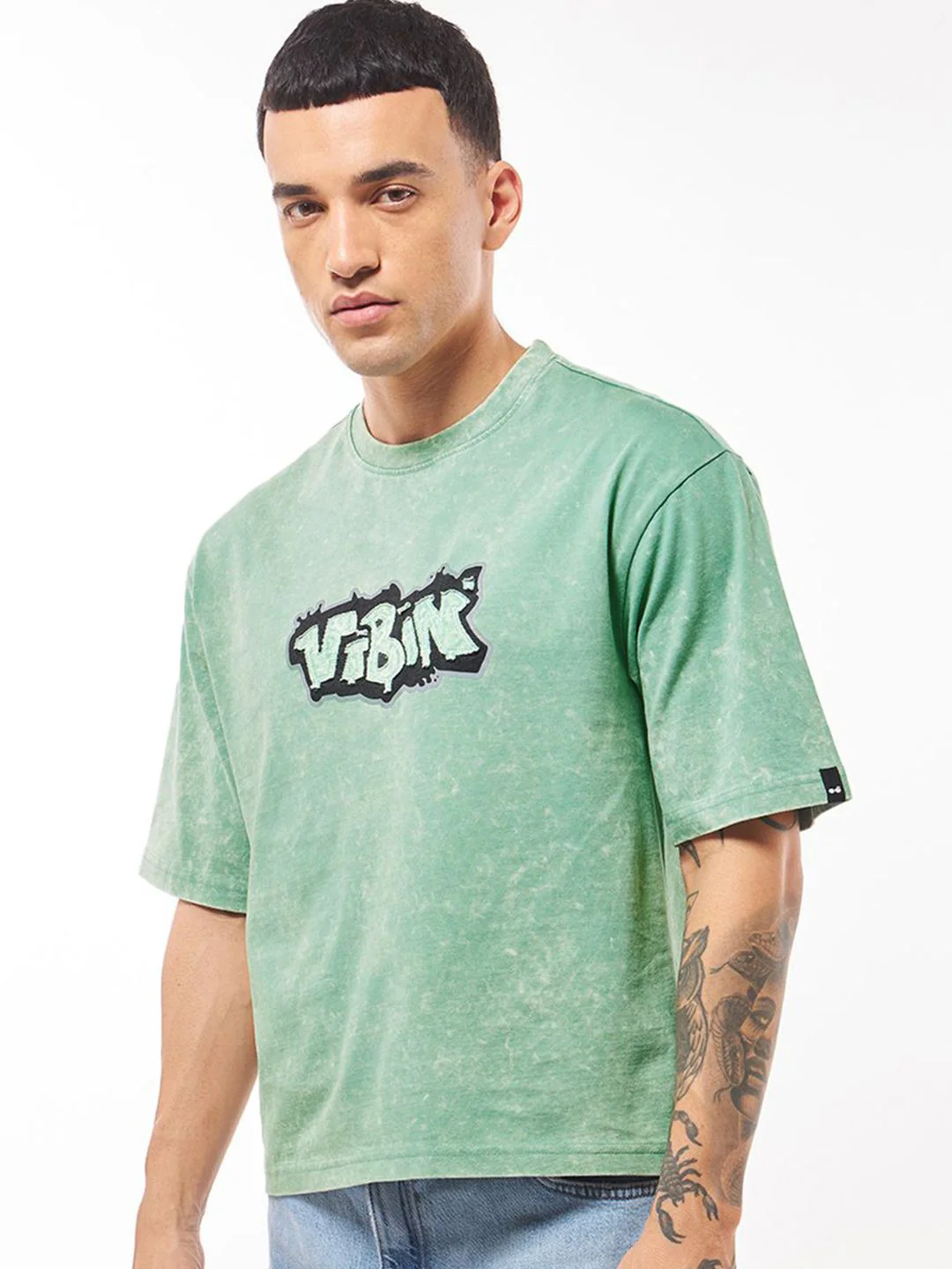Bewakoof Men Vibin Graphic Printed Oversized Acid Wash T-shirt - Image 2
