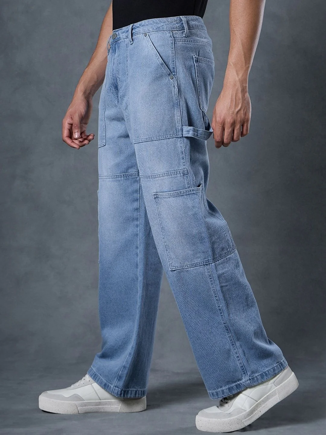 Bewakoof Men's Blue Baggy Cargo Carpenter Mid-Rise Jeans - Image 2
