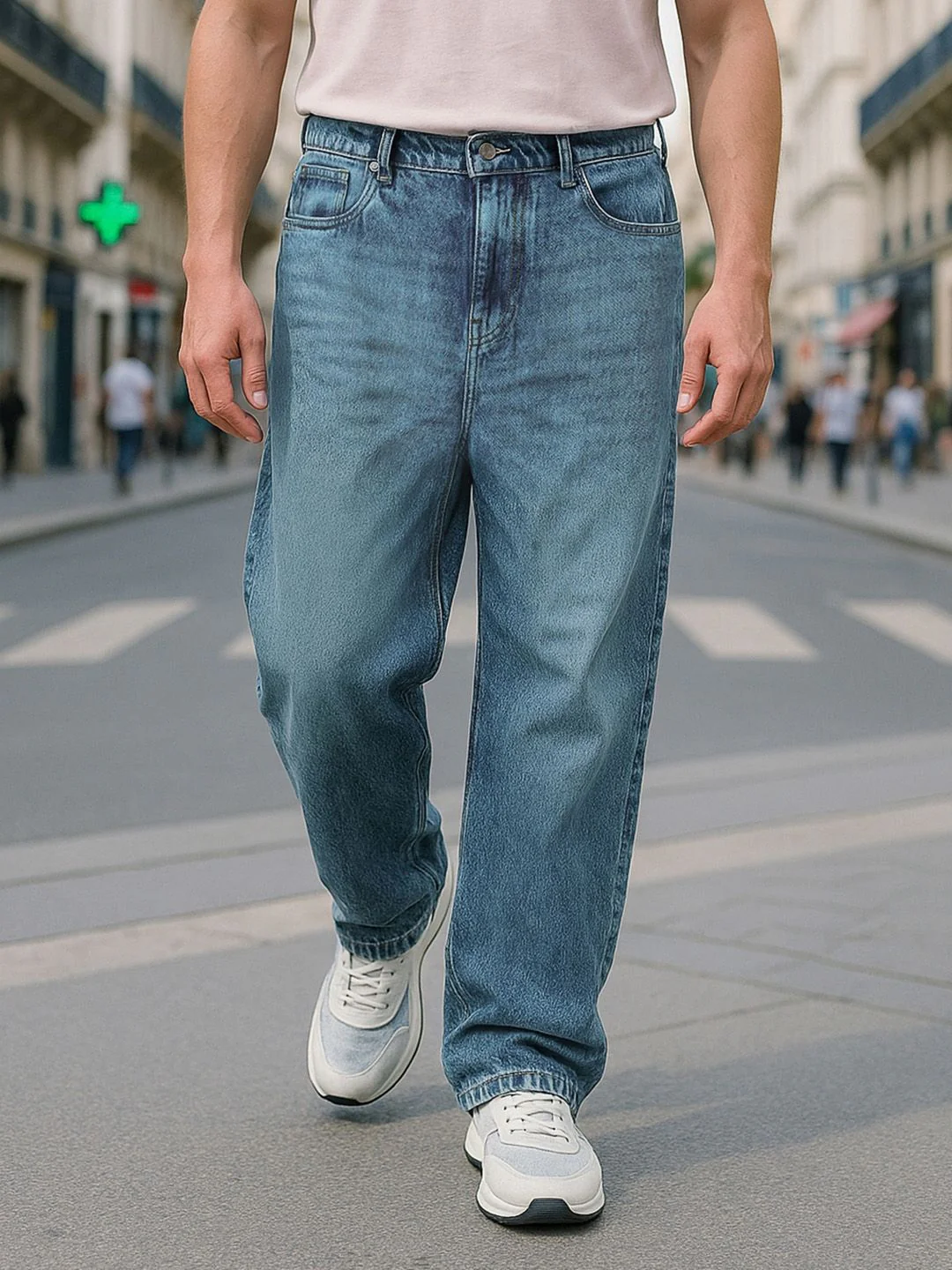 Bewakoof Men's Blue Baggy Mid-Rise Jeans