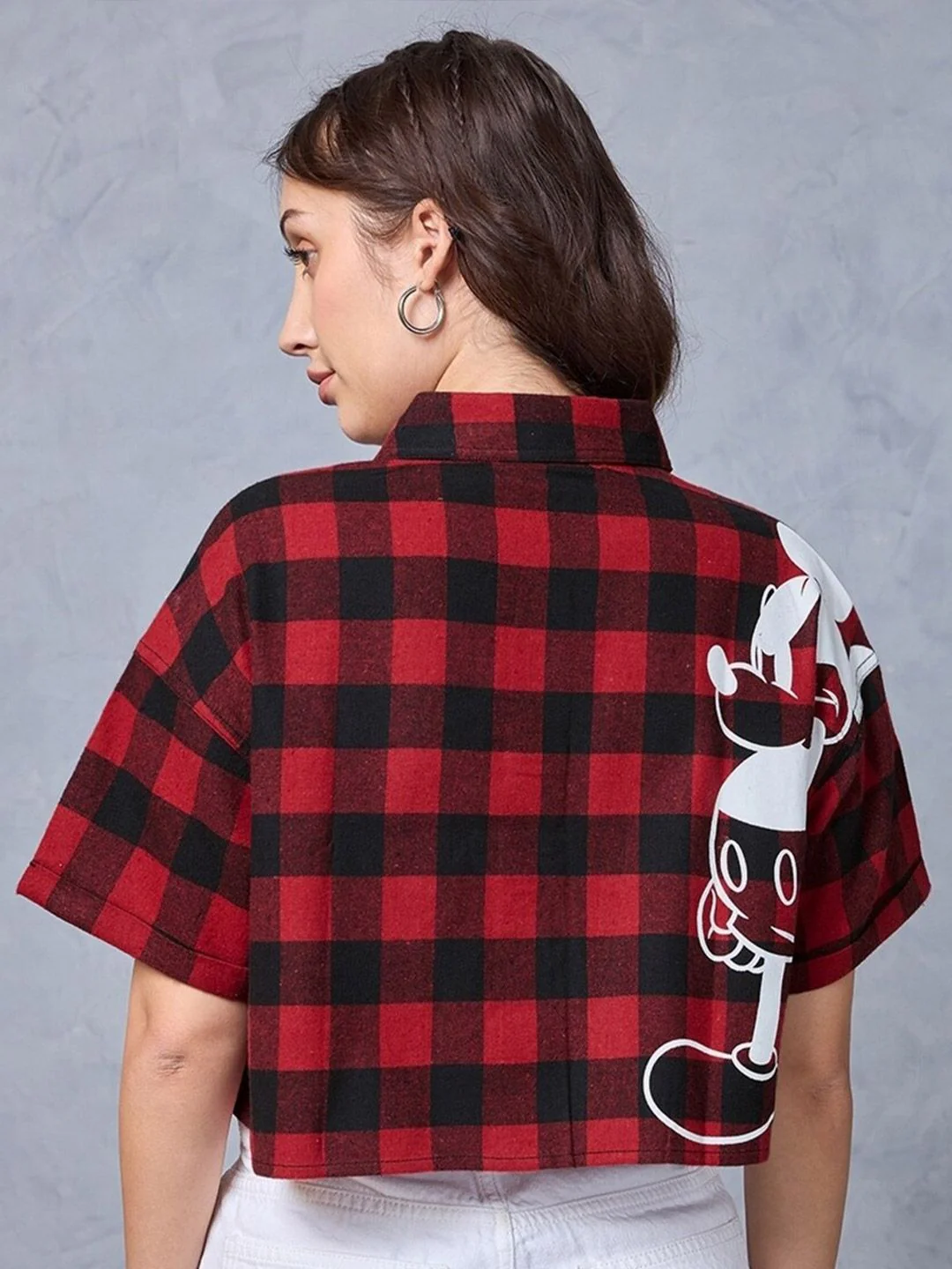 Bewakoof Mickey Mouse Buffalo Checked Crop Casual Oversized Shirt - Image 3
