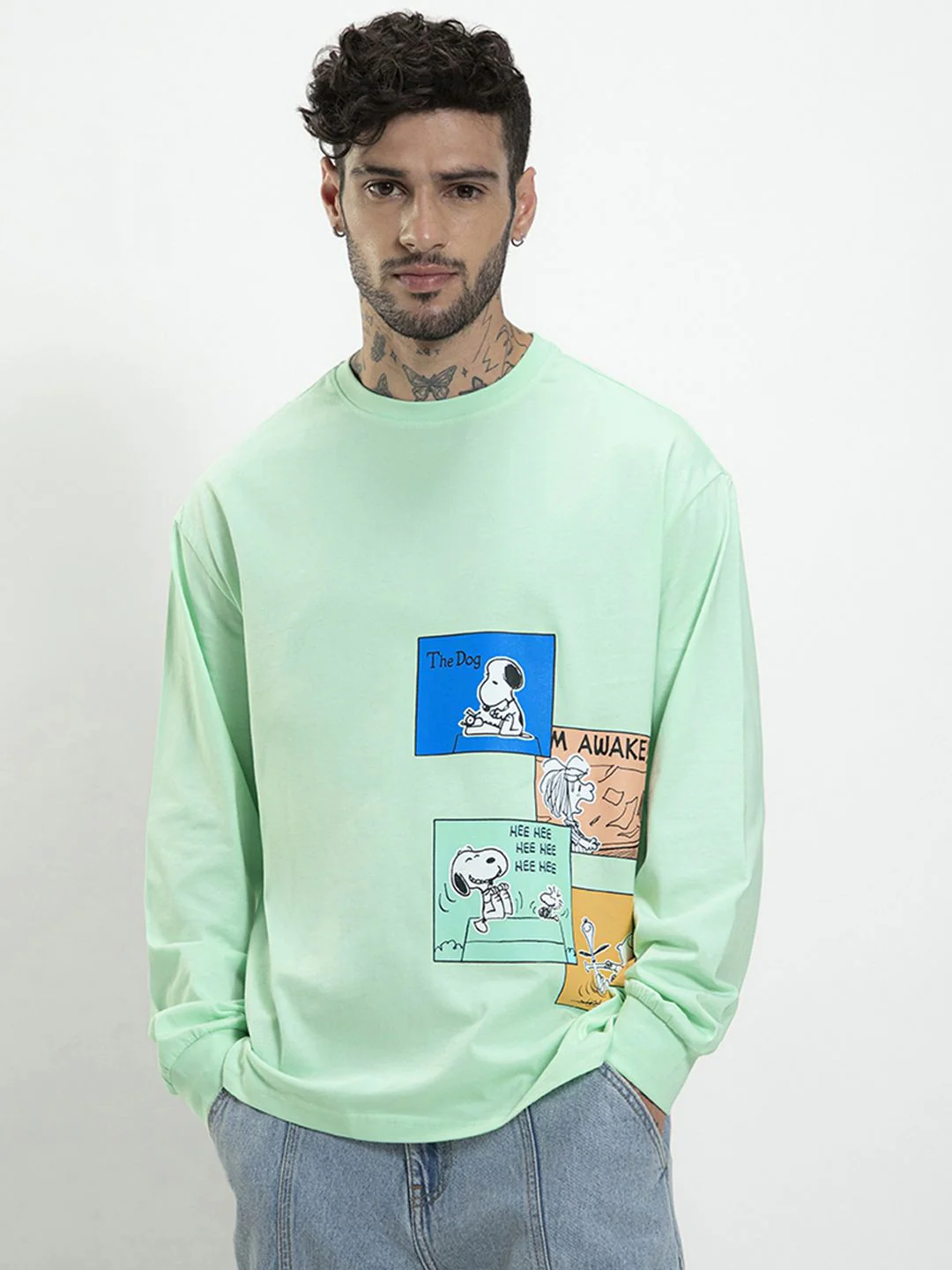 Bewakoof Official Peanuts Merchandise Snoopy Stripboard Printed Cotton Oversized T-shirt - Image 5
