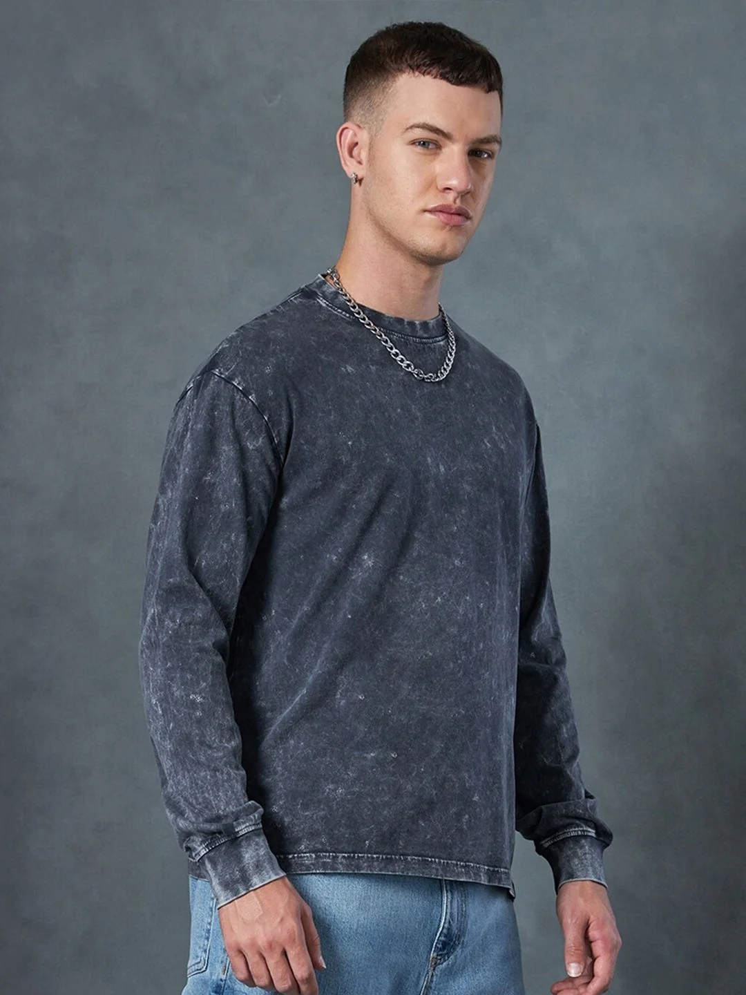 Bewakoof Self Design Drop-Shoulder Sleeves Oversized Acid Wash Cotton T-shirt - Image 3