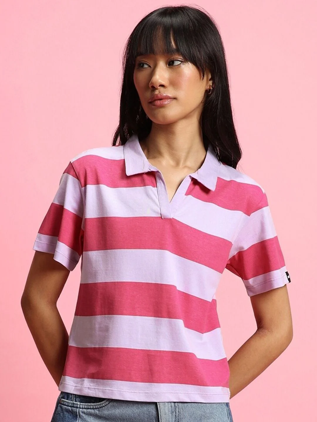 Bewakoof Women Striped Polo Collar Oversized T-shirt