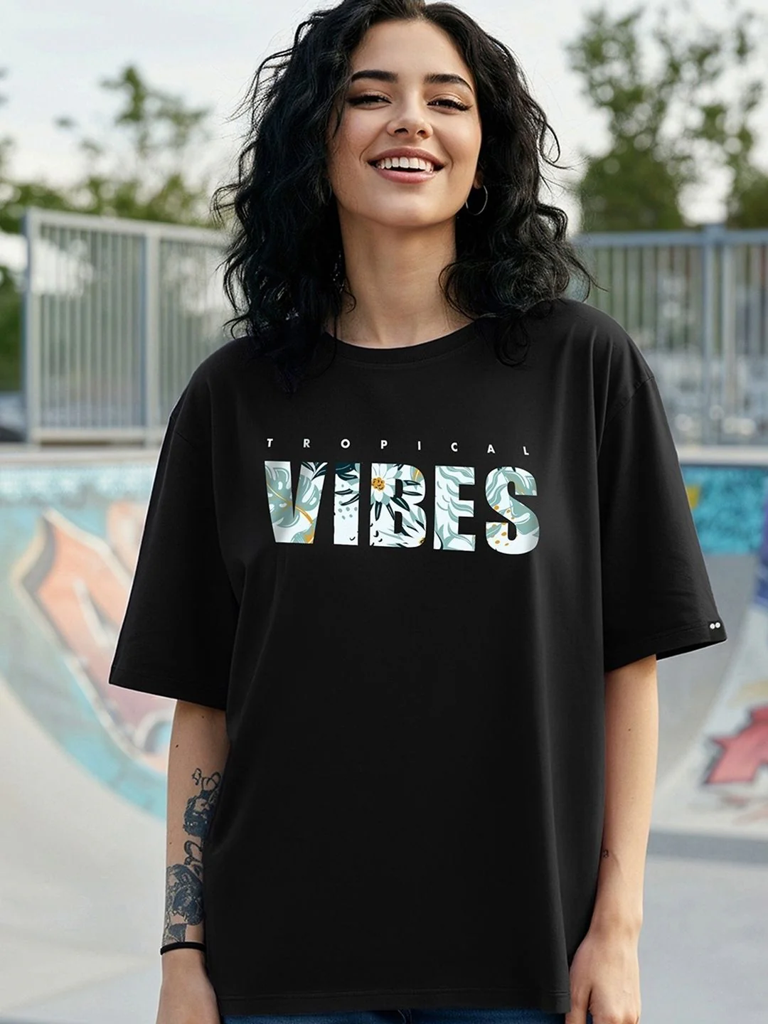 Bewakoof Women Tropical Vibes Typography Oversized T-shirt