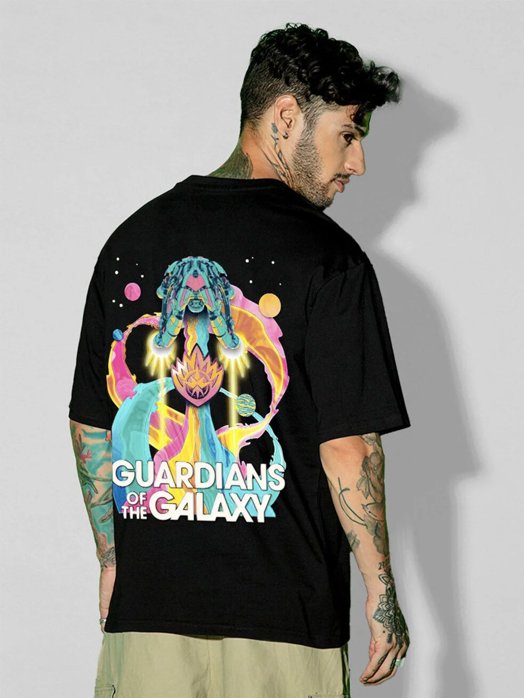 Bewakoof x OFFICIAL MARVEL MERCHANDISE Men Galaxy Ship Graphic Printed Oversized T-shirt - Image 10