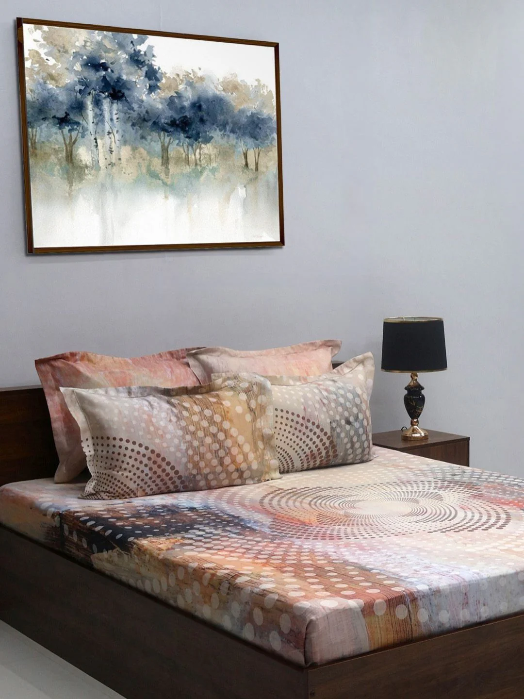 BOMBAY DYEING Brown & White Printed 300 TC Cotton King Bedsheet with 4 Pillow Covers