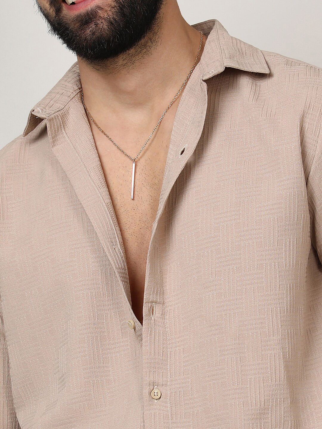 Campus Sutra Beige Classic Geometric Self Design Spread Collar Casual Shirt - Image 2