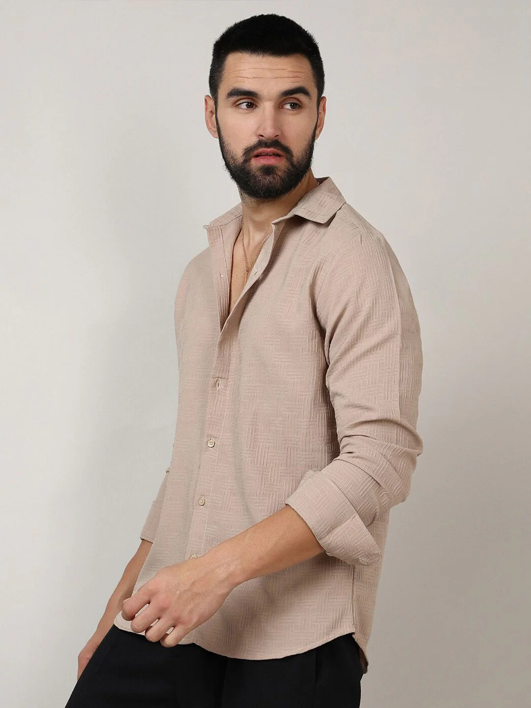 Campus Sutra Beige Classic Geometric Self Design Spread Collar Casual Shirt - Image 3