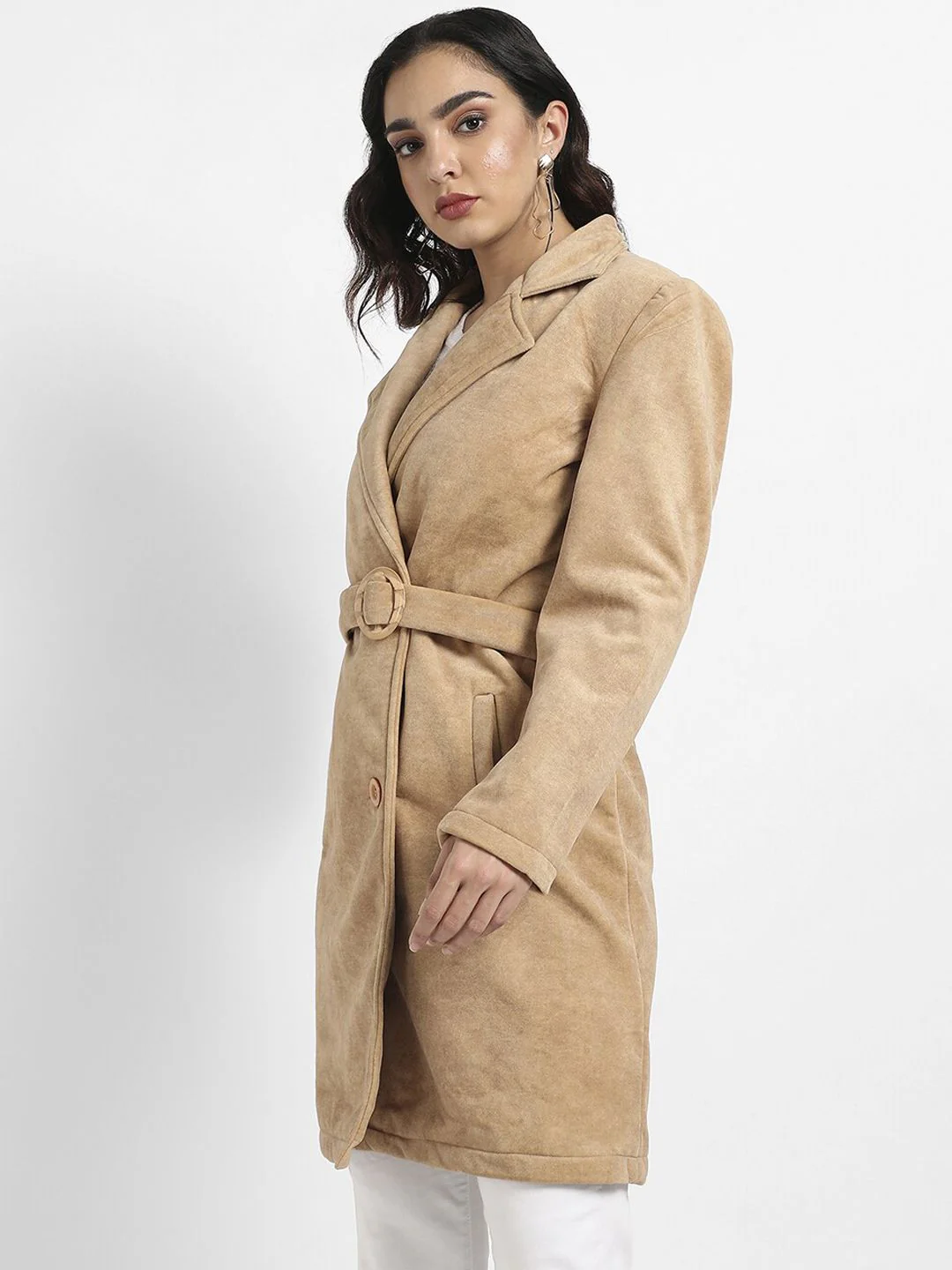 Campus Sutra Beige Single-Breasted Long OverCoat - Image 3
