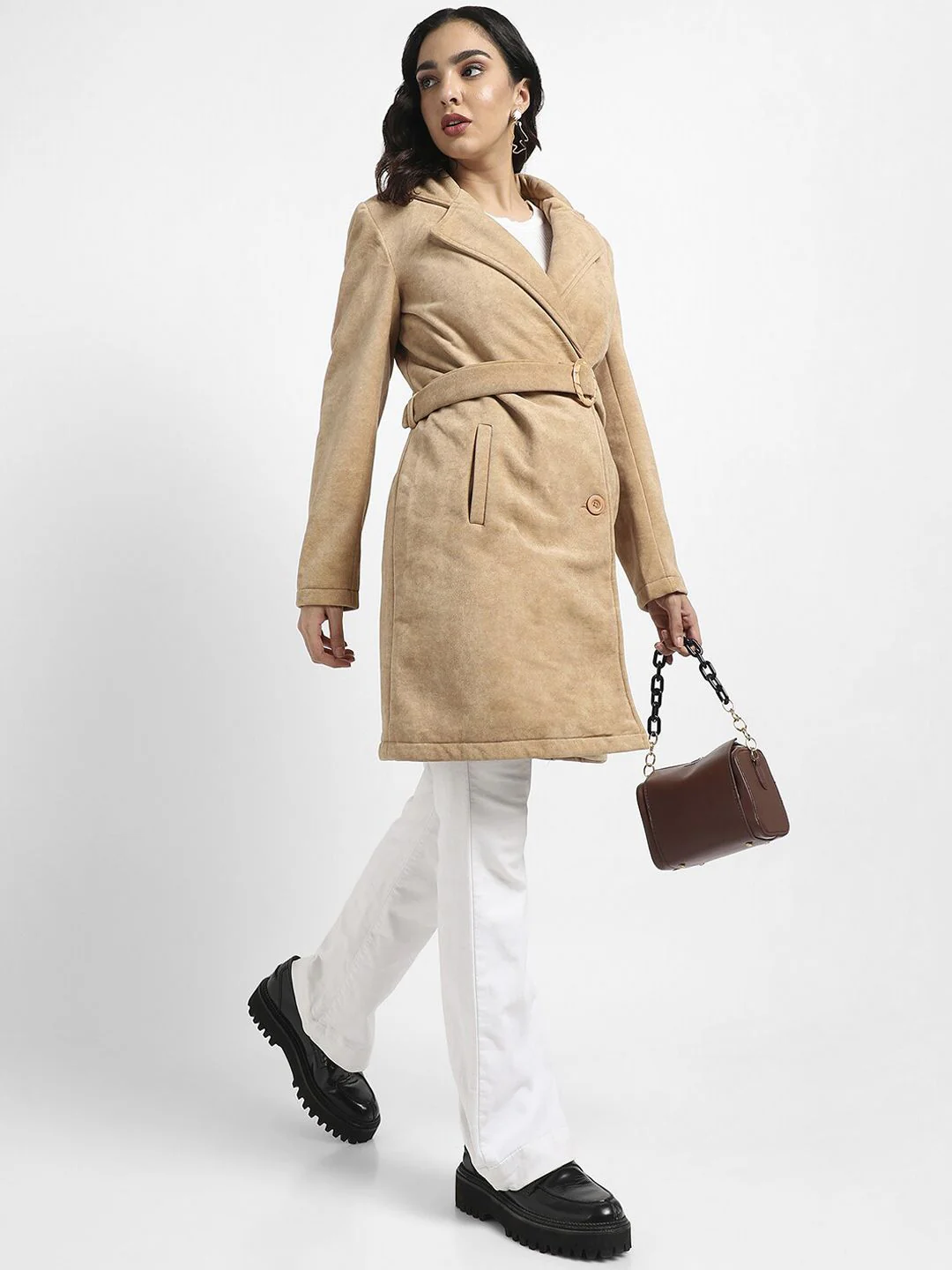 Campus Sutra Beige Single-Breasted Long OverCoat - Image 4