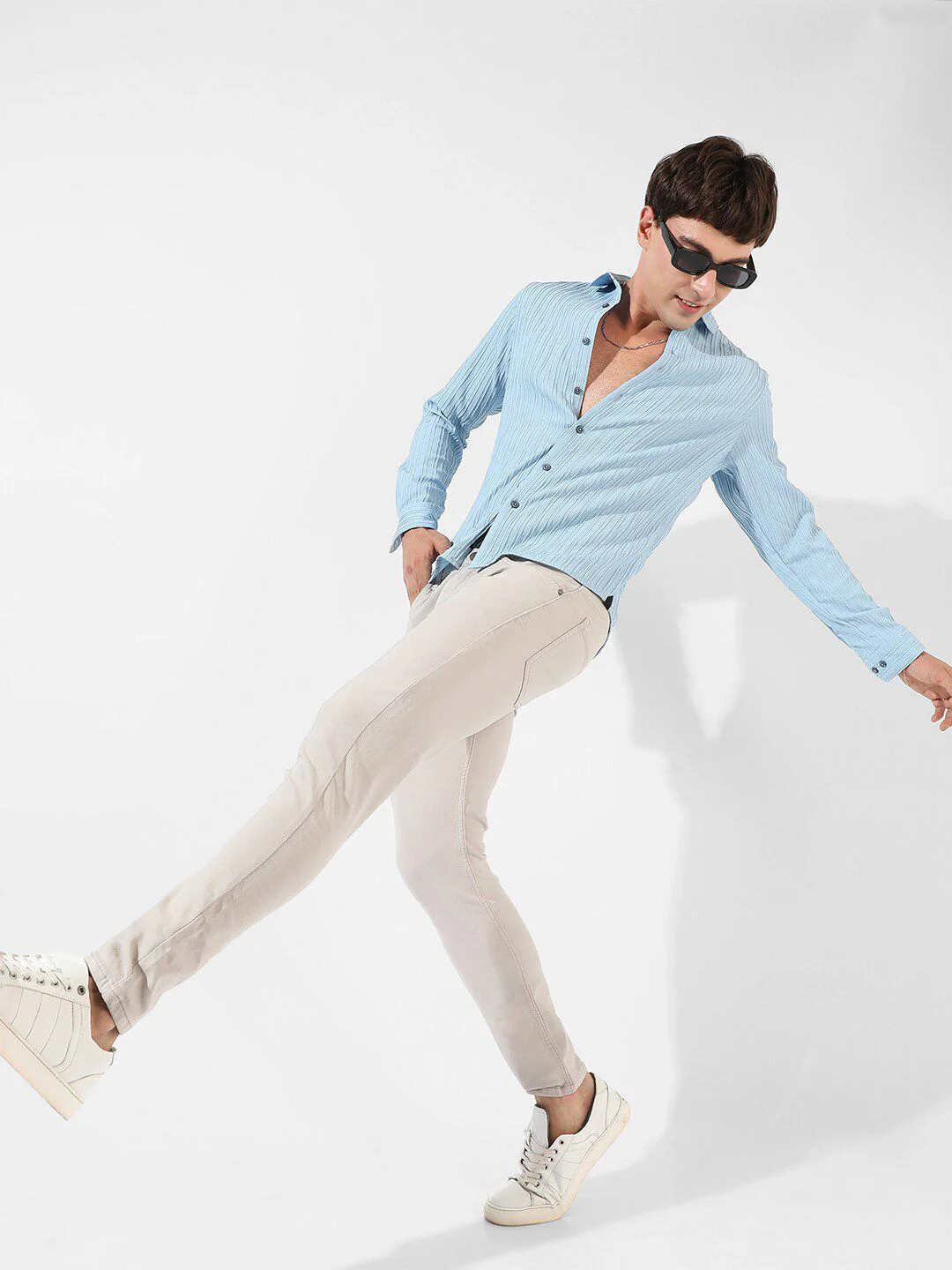 Campus Sutra Blue Textured Classic Fit Casual Shirt - Image 4
