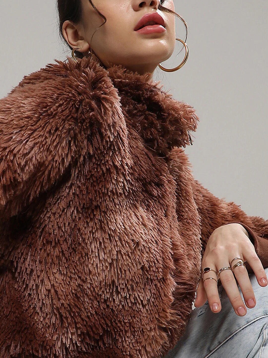 Campus Sutra Brown Mock Collar Windcheater Faux Fur Tailored Jacket - Image 2