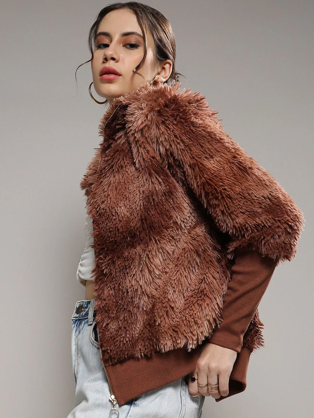 Campus Sutra Brown Mock Collar Windcheater Faux Fur Tailored Jacket - Image 3