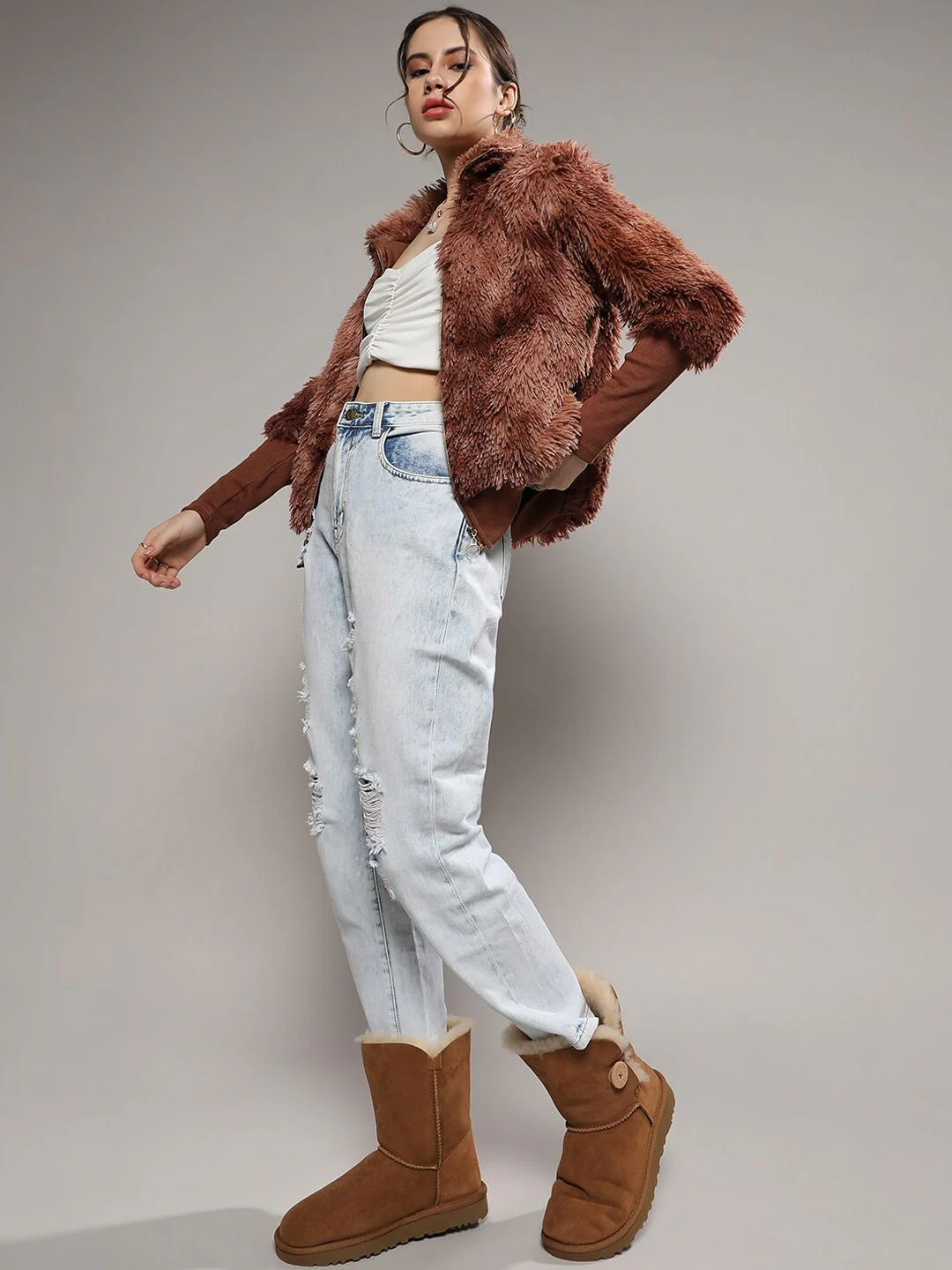 Campus Sutra Brown Mock Collar Windcheater Faux Fur Tailored Jacket - Image 4