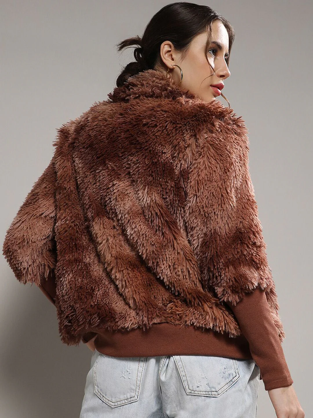 Campus Sutra Brown Mock Collar Windcheater Faux Fur Tailored Jacket - Image 5