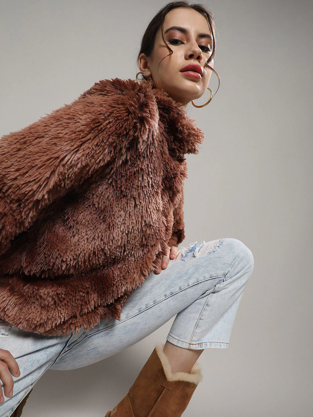Campus Sutra Brown Mock Collar Windcheater Faux Fur Tailored Jacket - Image 7