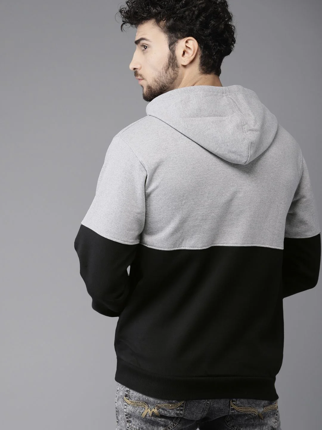 Campus Sutra Men Black & Grey Colourblocked Hooded Sweatshirt - Image 5