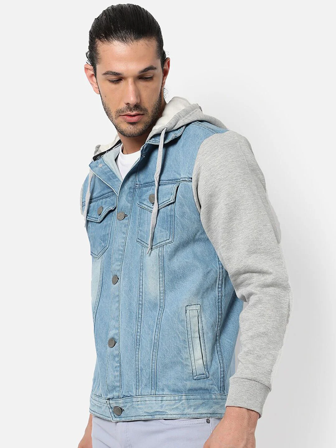 Campus Sutra Men Blue Grey Washed Colourblocked Windcheater Outdoor Denim Jacket - Image 3