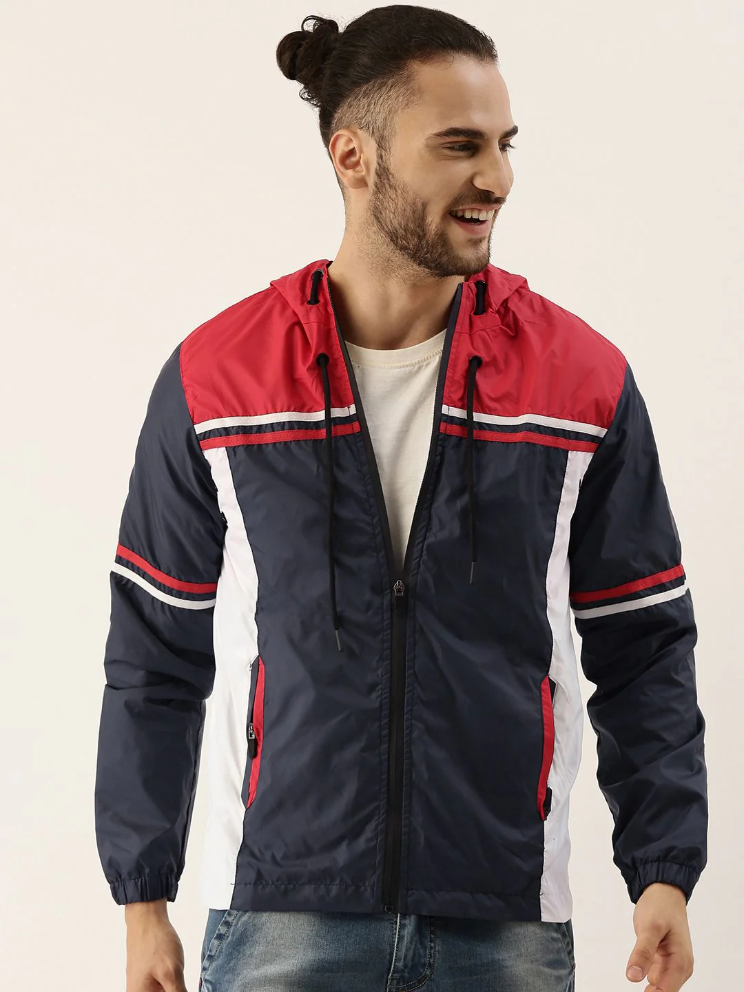 Campus Sutra Men Navy Blue & Red Colourblocked Windcheater Outdoor Biker Jacket