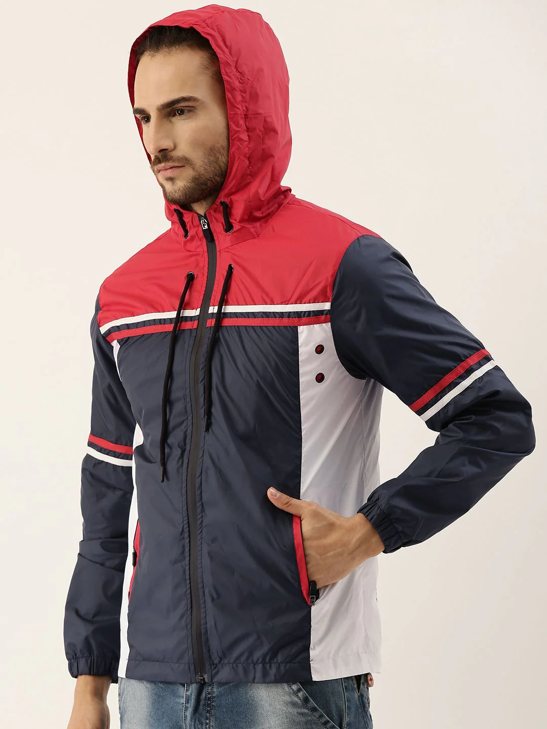 Campus Sutra Men Navy Blue & Red Colourblocked Windcheater Outdoor Biker Jacket - Image 3