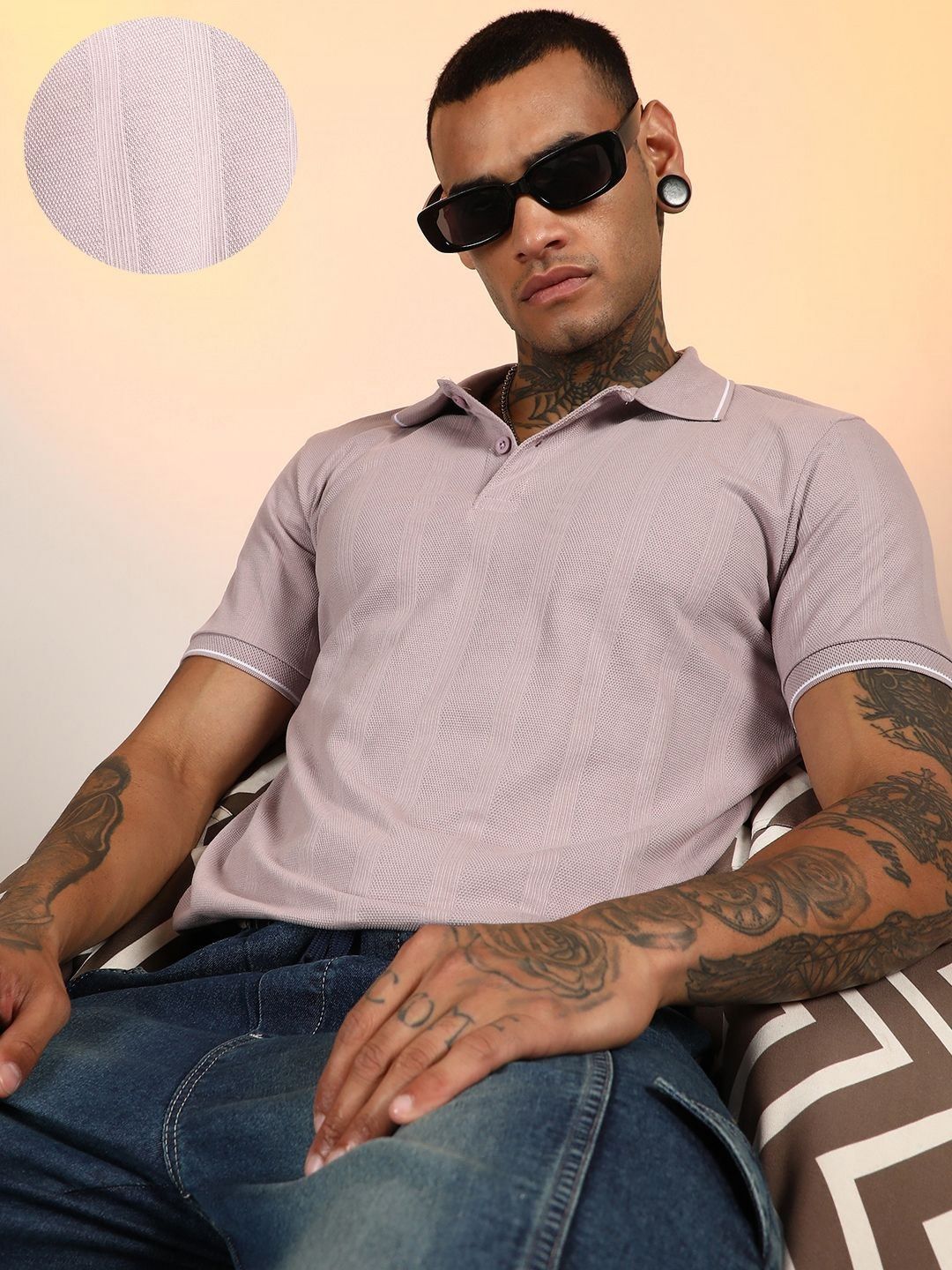 Campus Sutra Men Self Design Polo Collar Cotton T-shirt - Image 4