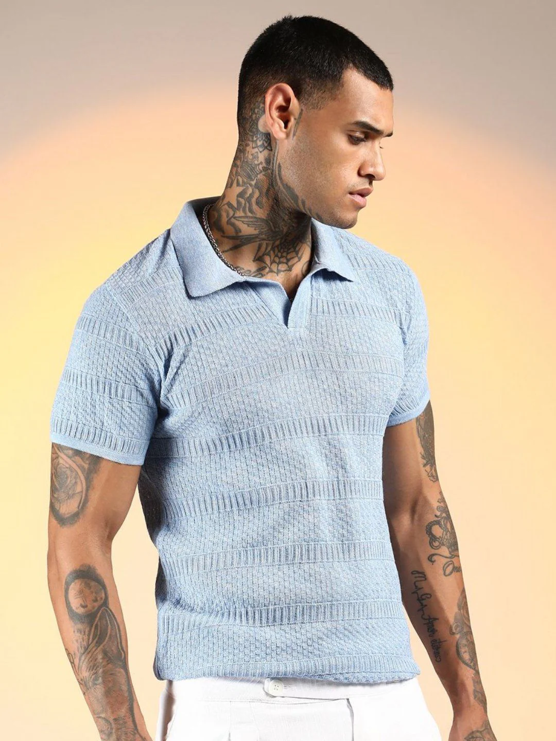 Campus Sutra Men Self Design Polo Collar Cotton T-shirt - Image 3