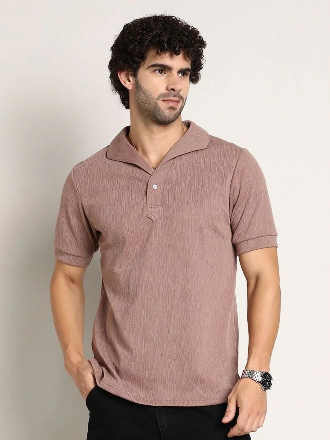 Campus Sutra Men Self Design Polo Collar Cotton T-shirt