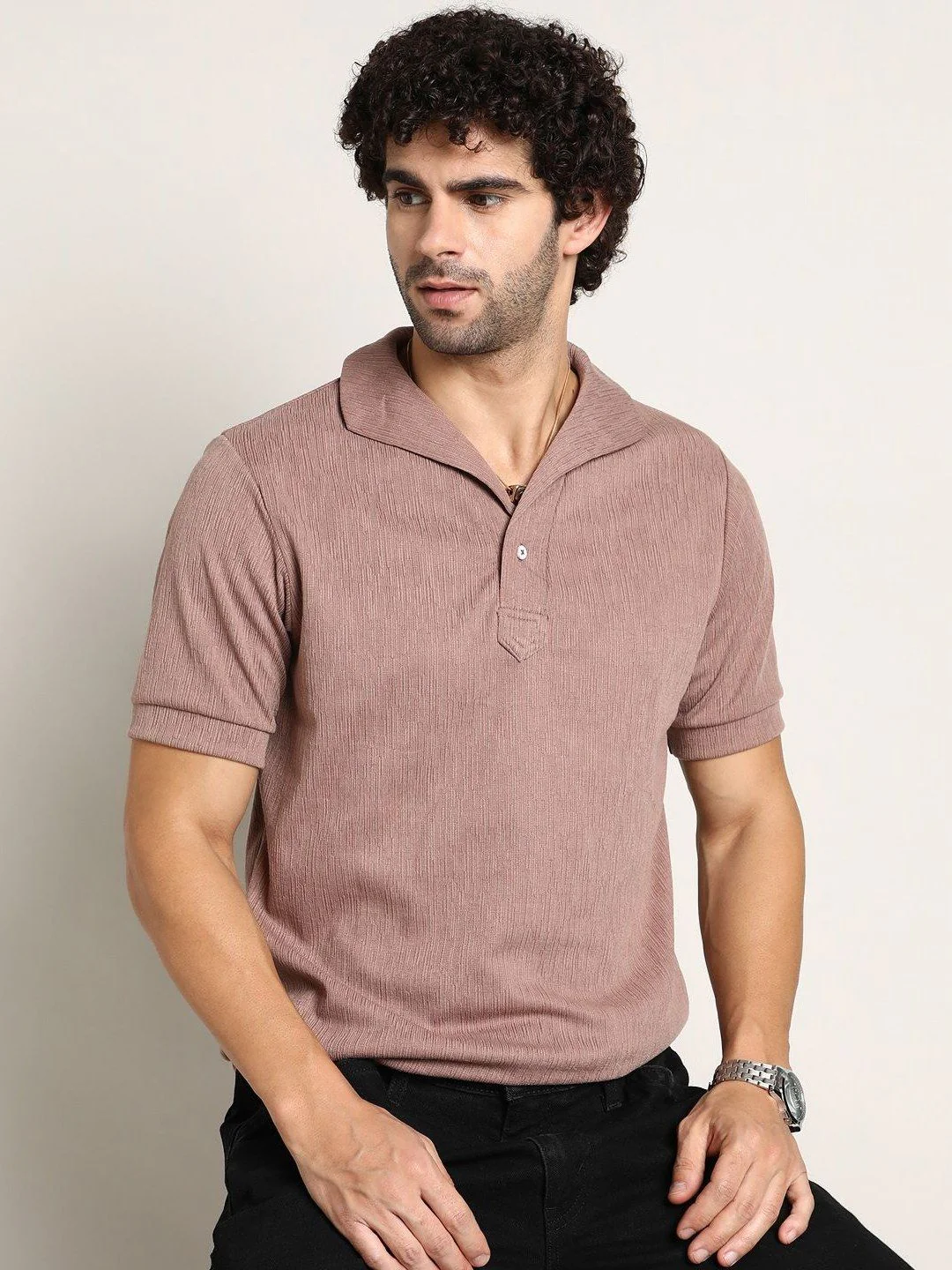 Campus Sutra Men Self Design Polo Collar Cotton T-shirt - Image 4