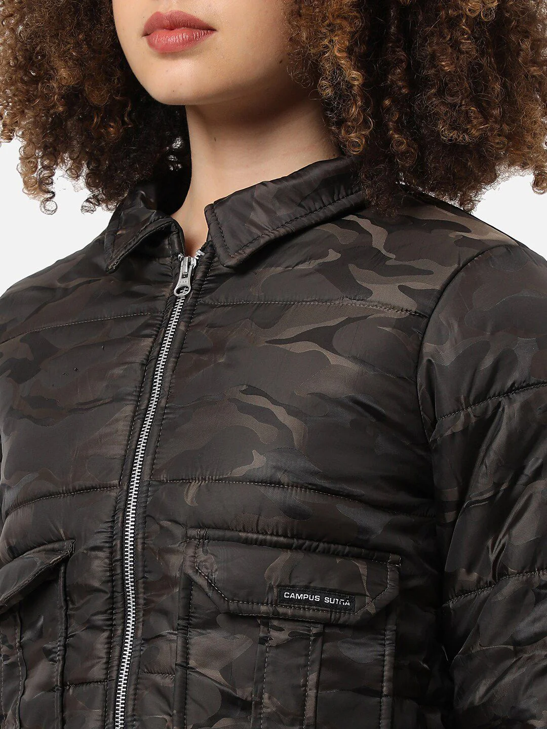 Campus Sutra Women Brown Camouflage Windcheater Outdoor Padded Jacket - Image 2