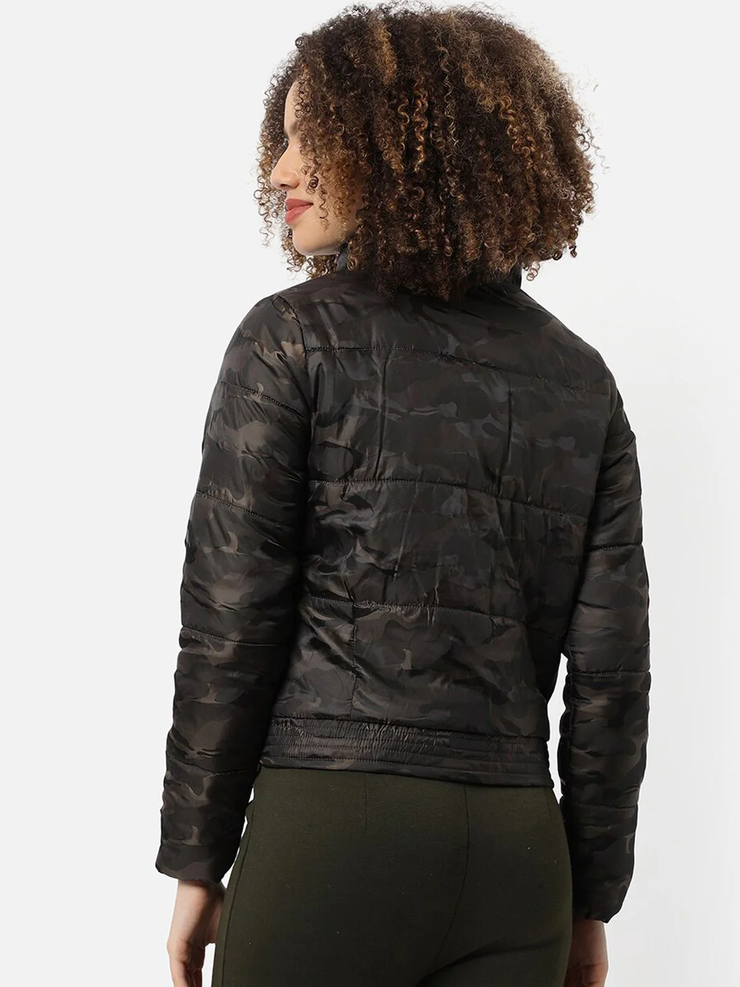 Campus Sutra Women Brown Camouflage Windcheater Outdoor Padded Jacket - Image 3