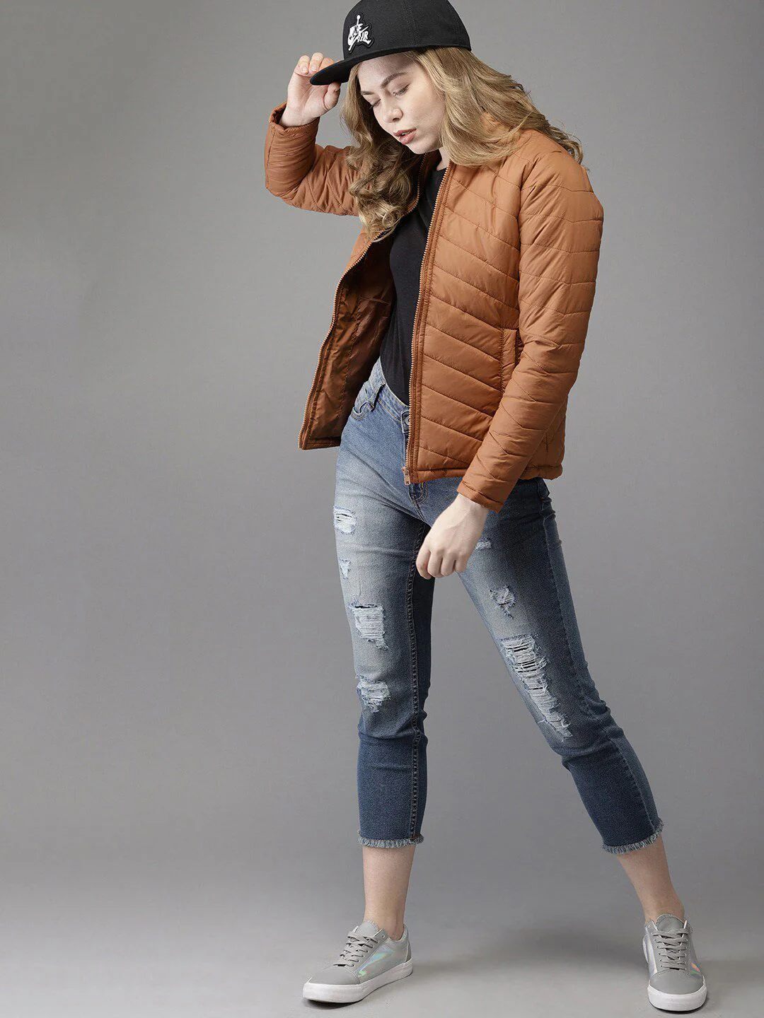 Campus Sutra Women Brown raffia Striped Windcheater Longline Outdoor Puffer Jacket - Image 4