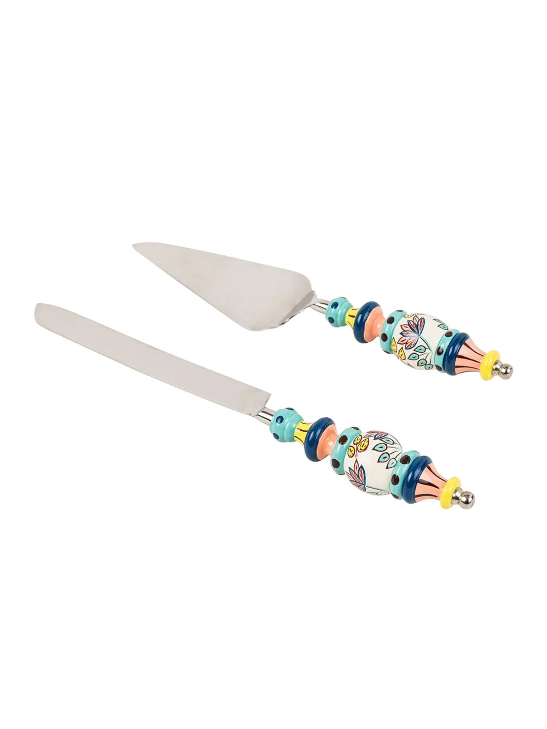 Chumbak Blue & Green Set Of 2 Floral Printed Hand-painted Stainless Steel Cake Server Set - Image 2