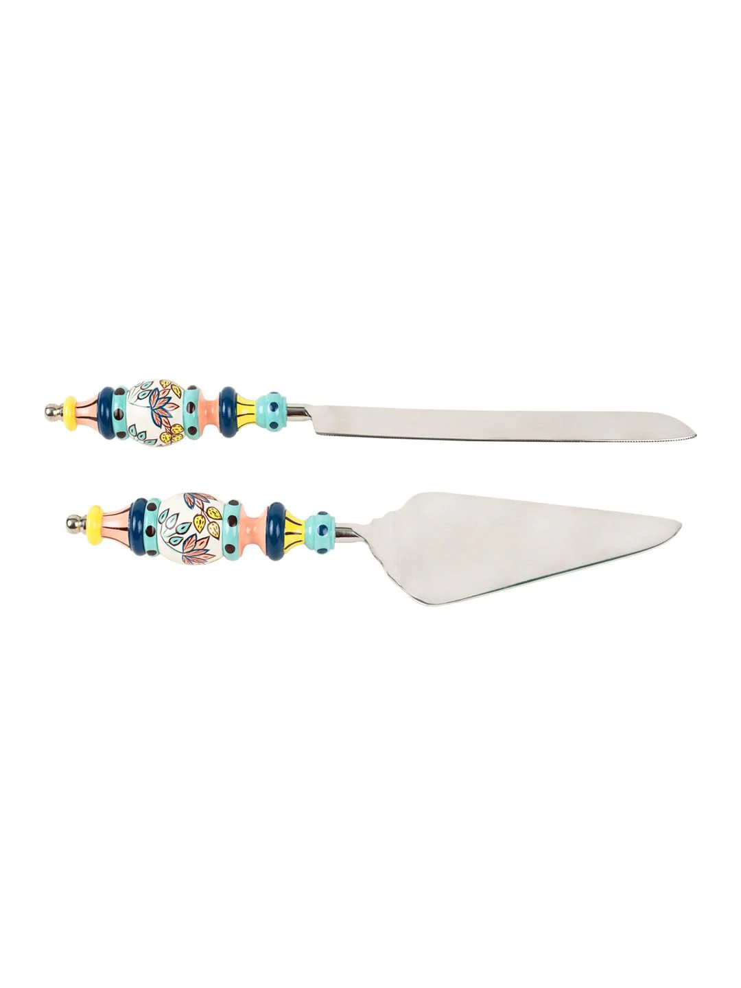 Chumbak Blue & Green Set Of 2 Floral Printed Hand-painted Stainless Steel Cake Server Set - Image 3