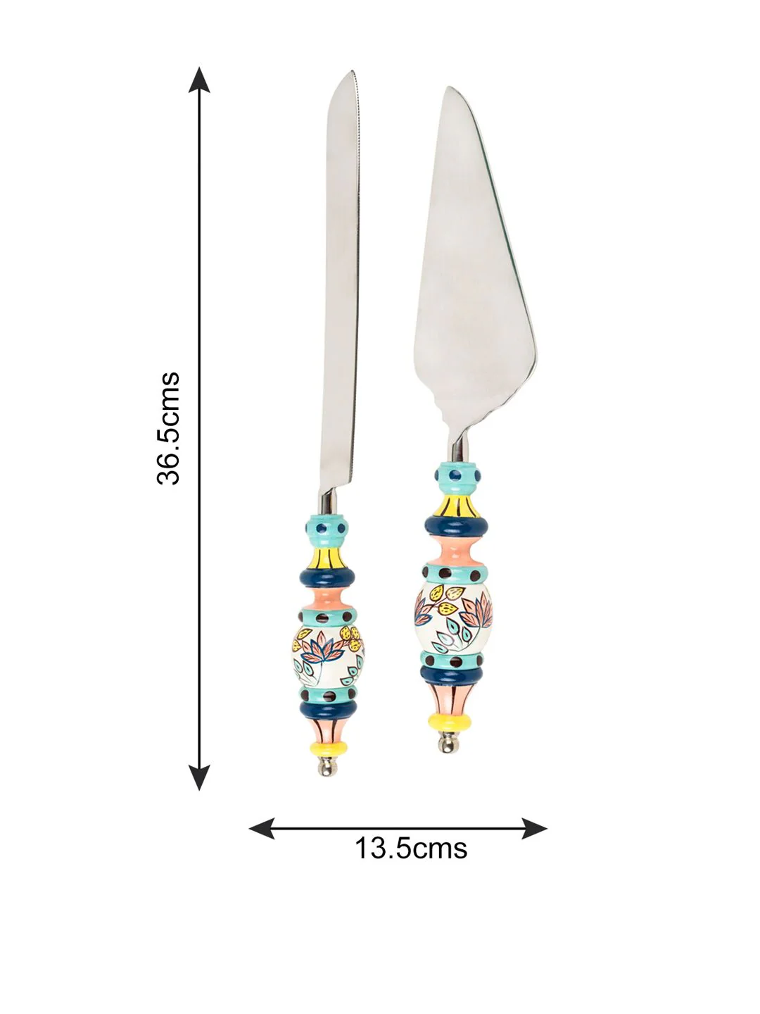 Chumbak Blue & Green Set Of 2 Floral Printed Hand-painted Stainless Steel Cake Server Set - Image 4