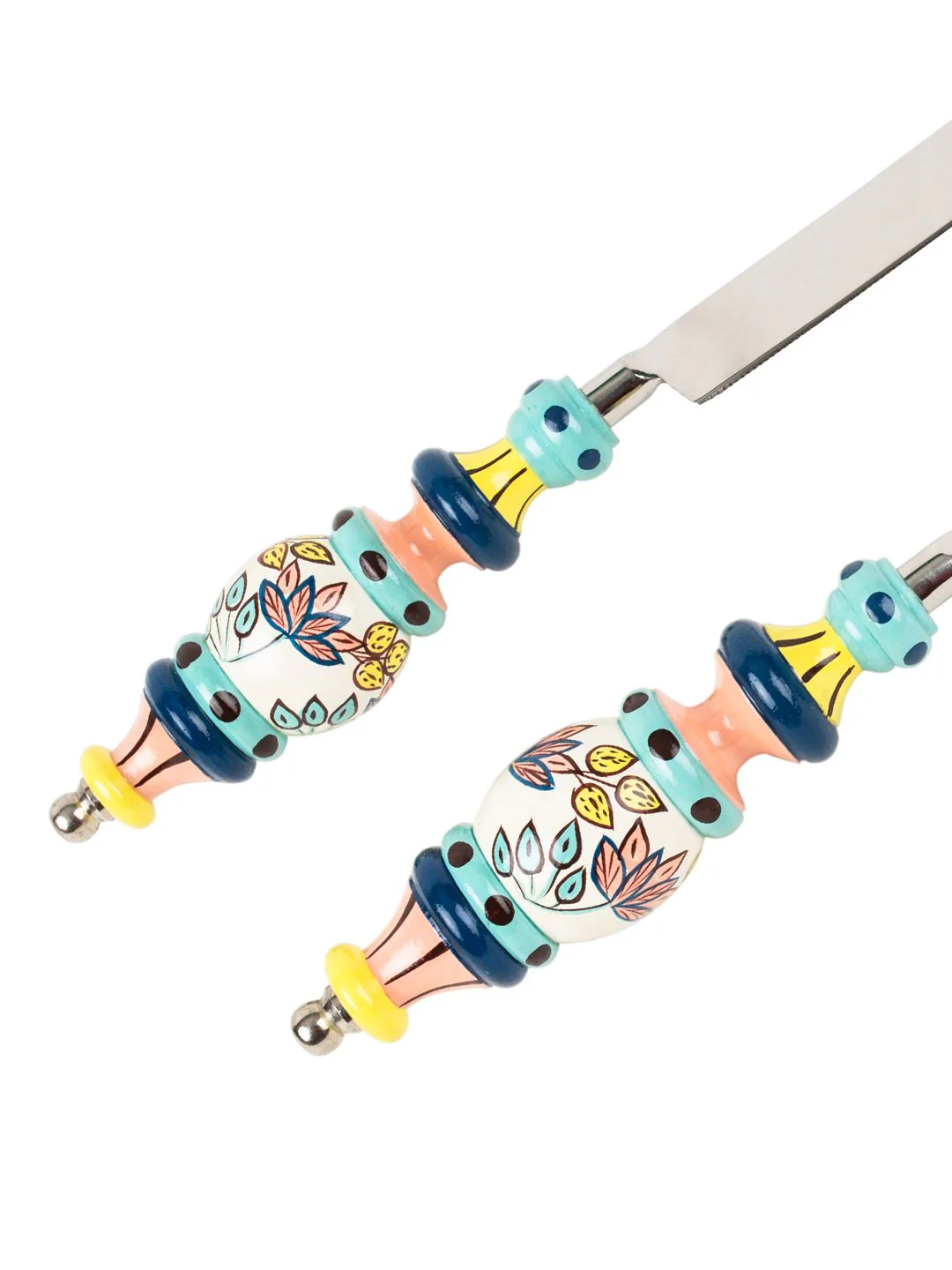 Chumbak Blue & Green Set Of 2 Floral Printed Hand-painted Stainless Steel Cake Server Set - Image 5
